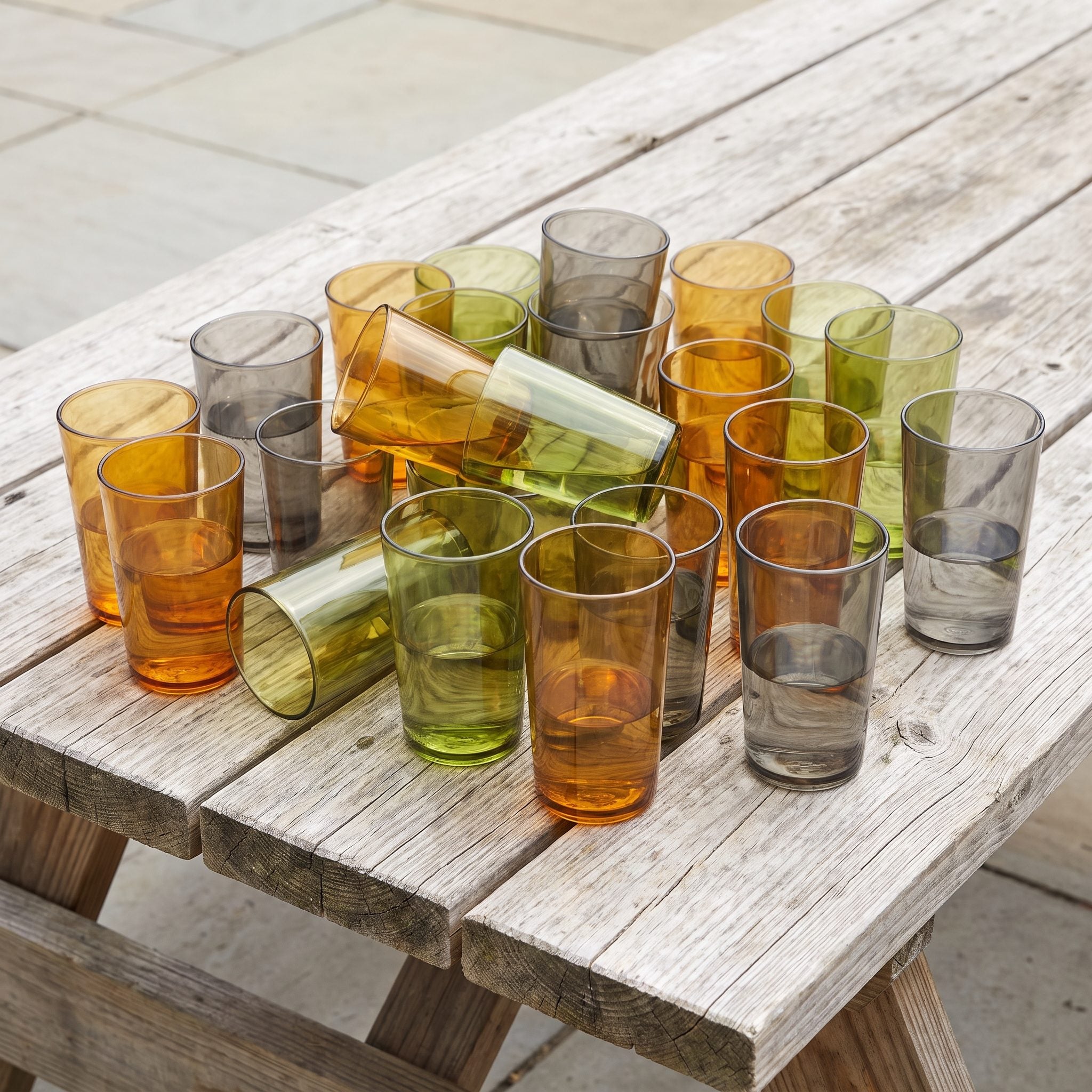 1970s-style translucent plastic tumblers in amber and avocado tones
