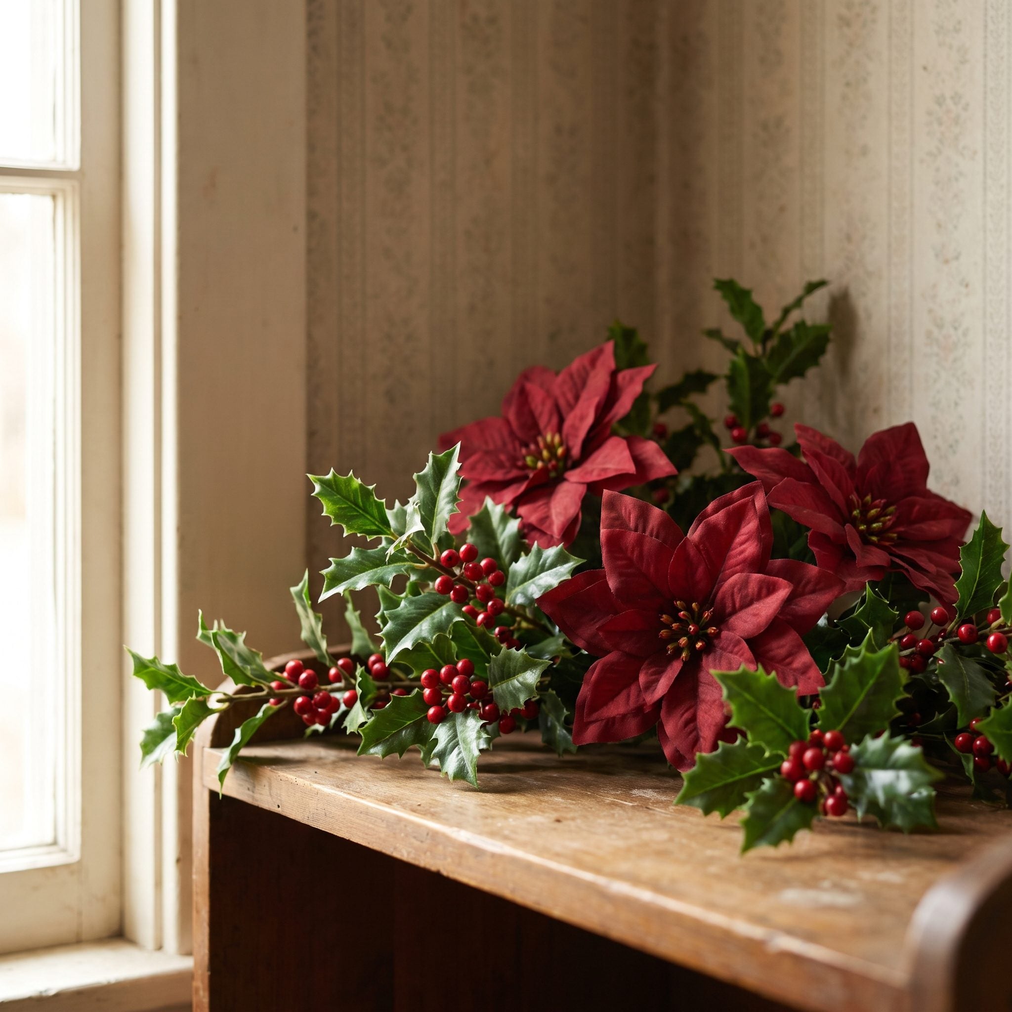 Plastic Holly and Artificial Poinsettias Filling Empty Corners