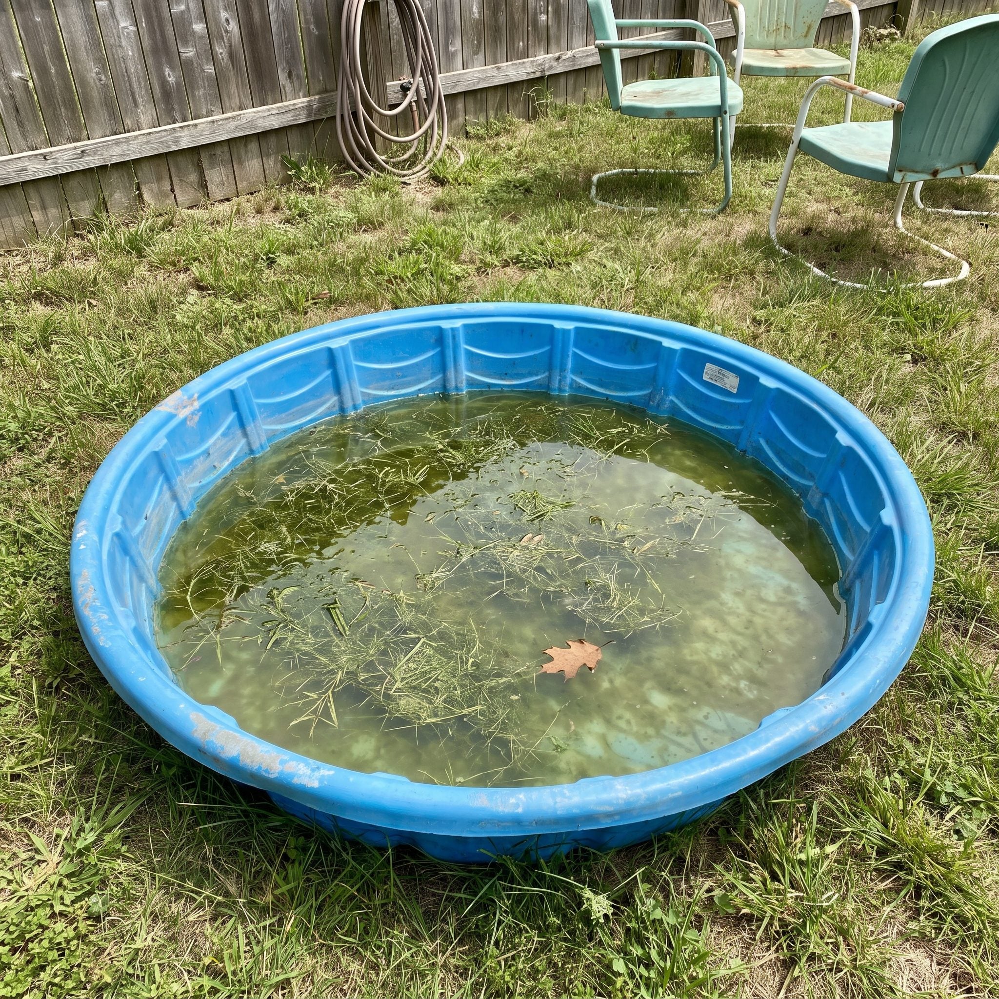 Plastic kiddie pool in a 1970s backyard lawn
