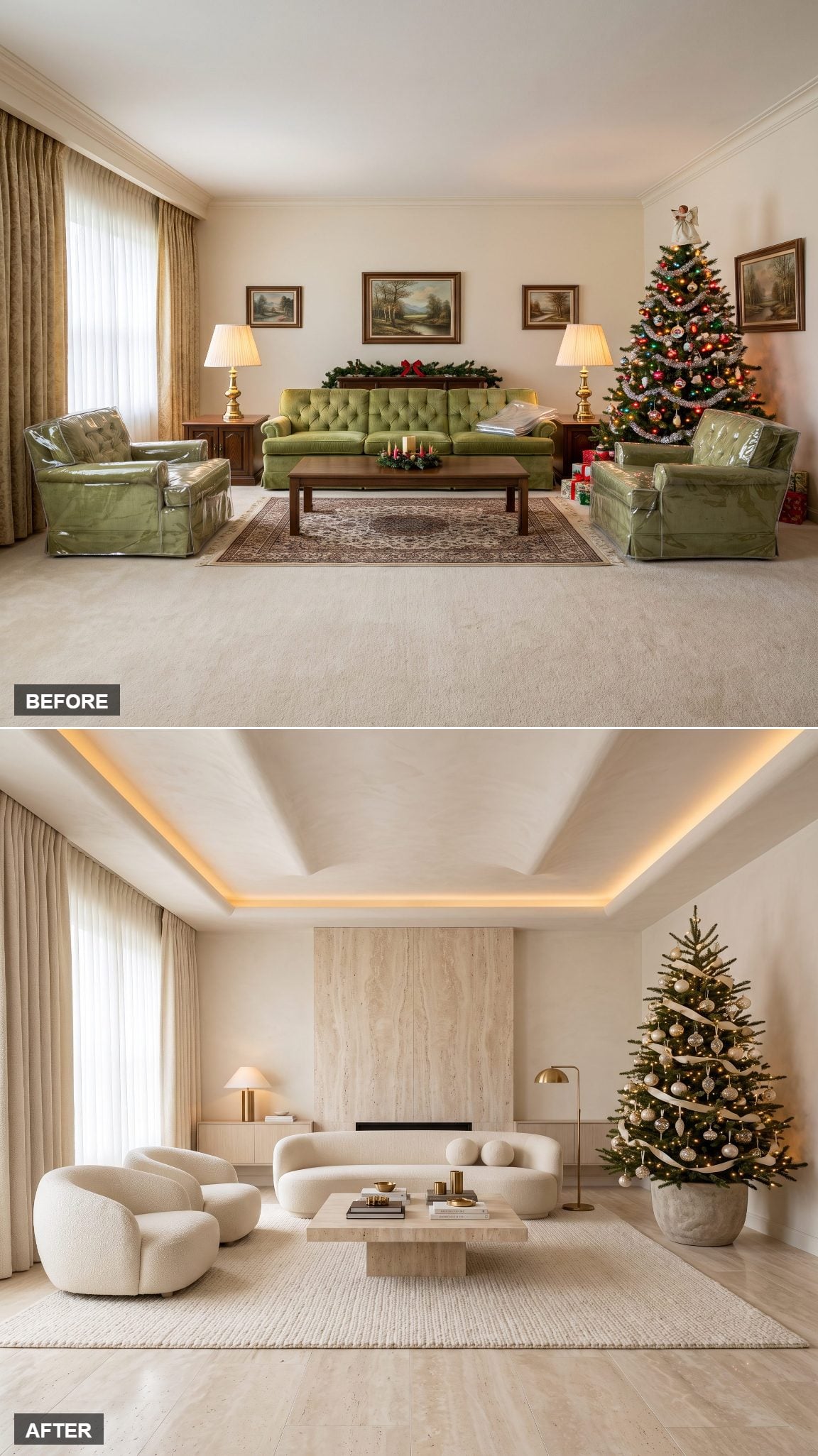 From Plastic-Wrapped Brocade to Warm Travertine Salon