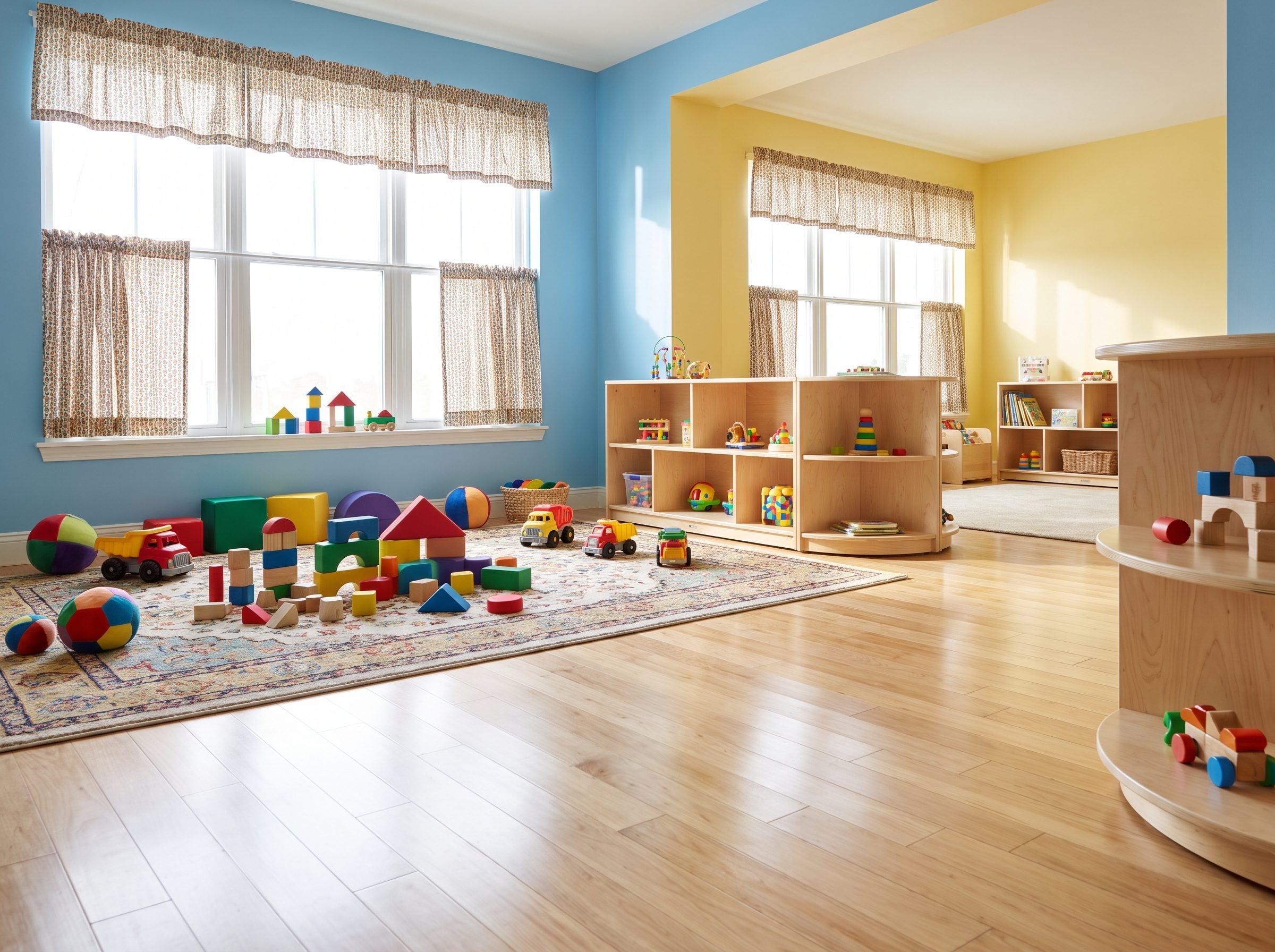 Playroom window with a gingham curtain hem stopping one inch above the sill, a block storage bin below the window for scale.
