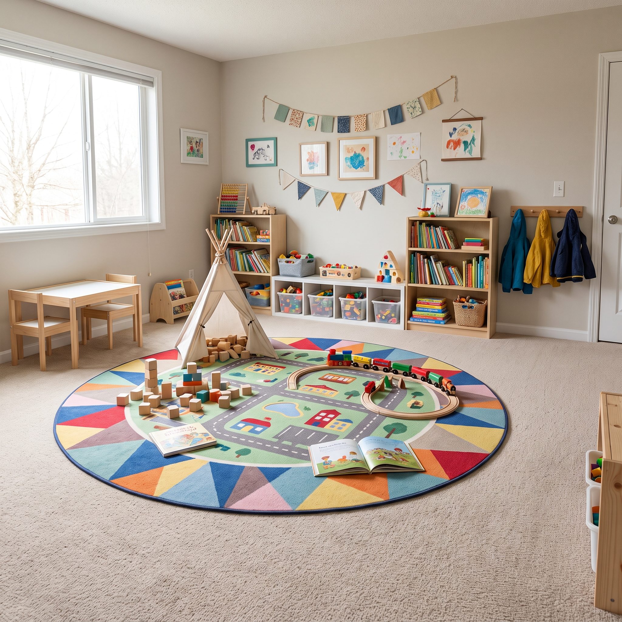 Playroom with a five-by-seven printed cotton rug centered on beige wall-to-wall carpet