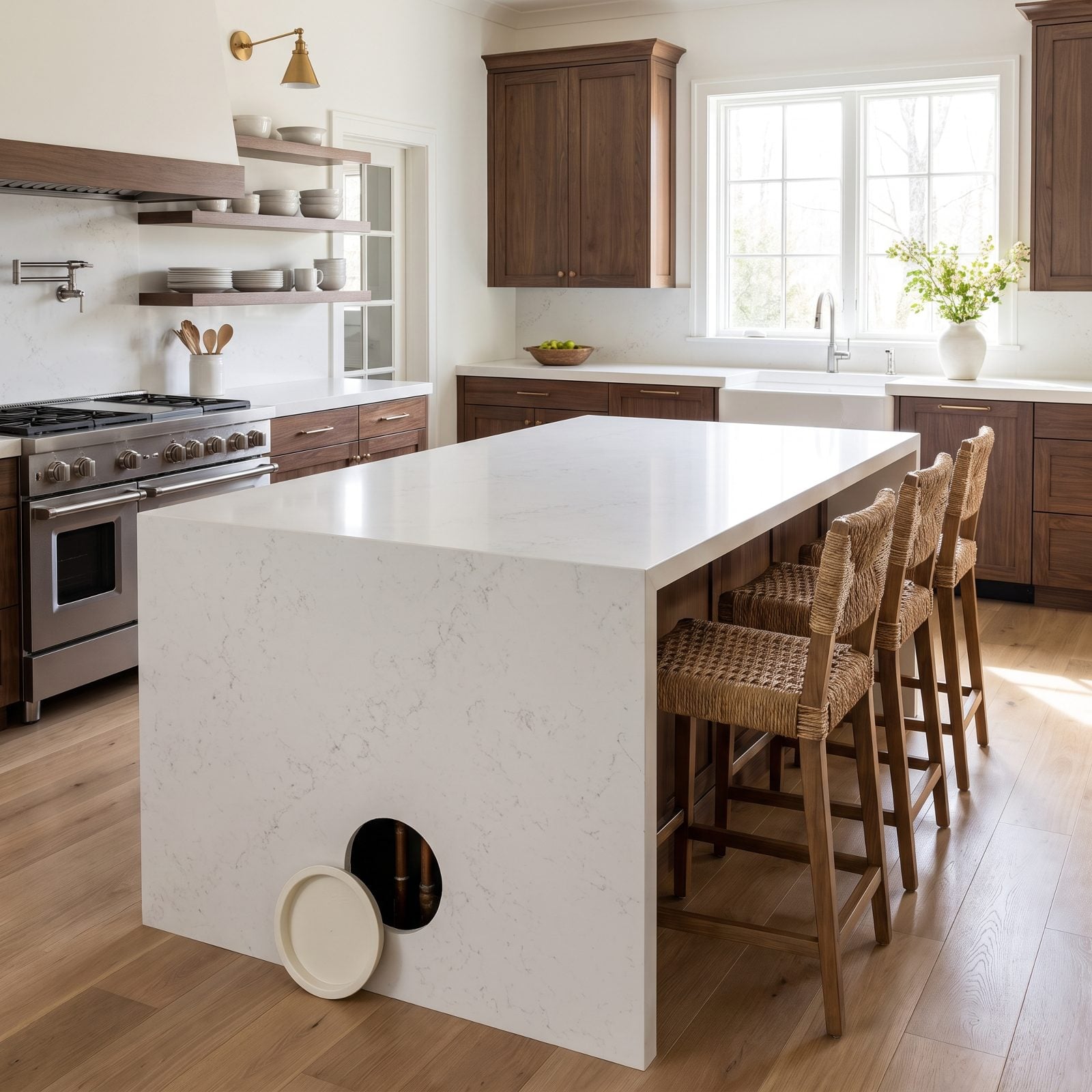 Grey-green kitchen with a fully stone-clad waterfall island base and no access panel for the sink plumbing.