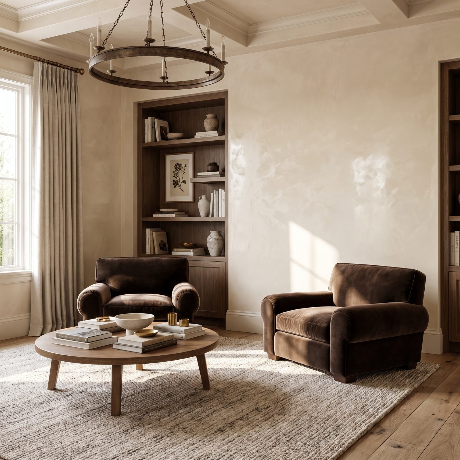 Polished Plaster Walls with Chocolate Mohair Armchairs