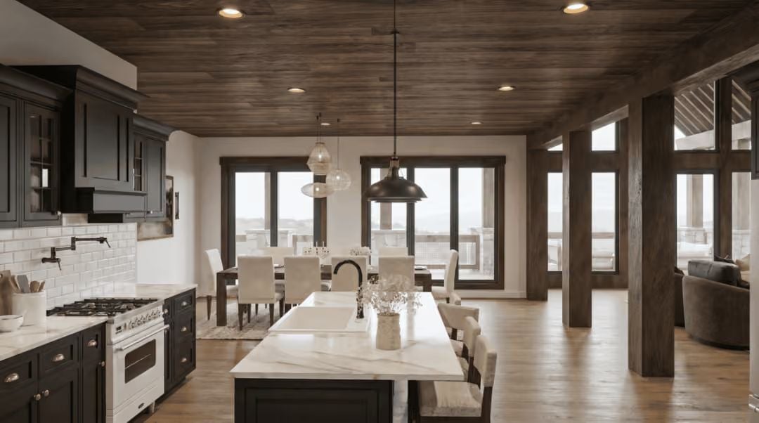 Dark Cabinets, Marble Island, and a Ceiling That Does the Heavy Lifting