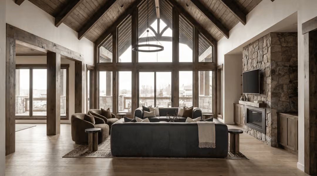 Vaulted Beams, Stone Wall, and a Sofa You Won't Leave Until Spring