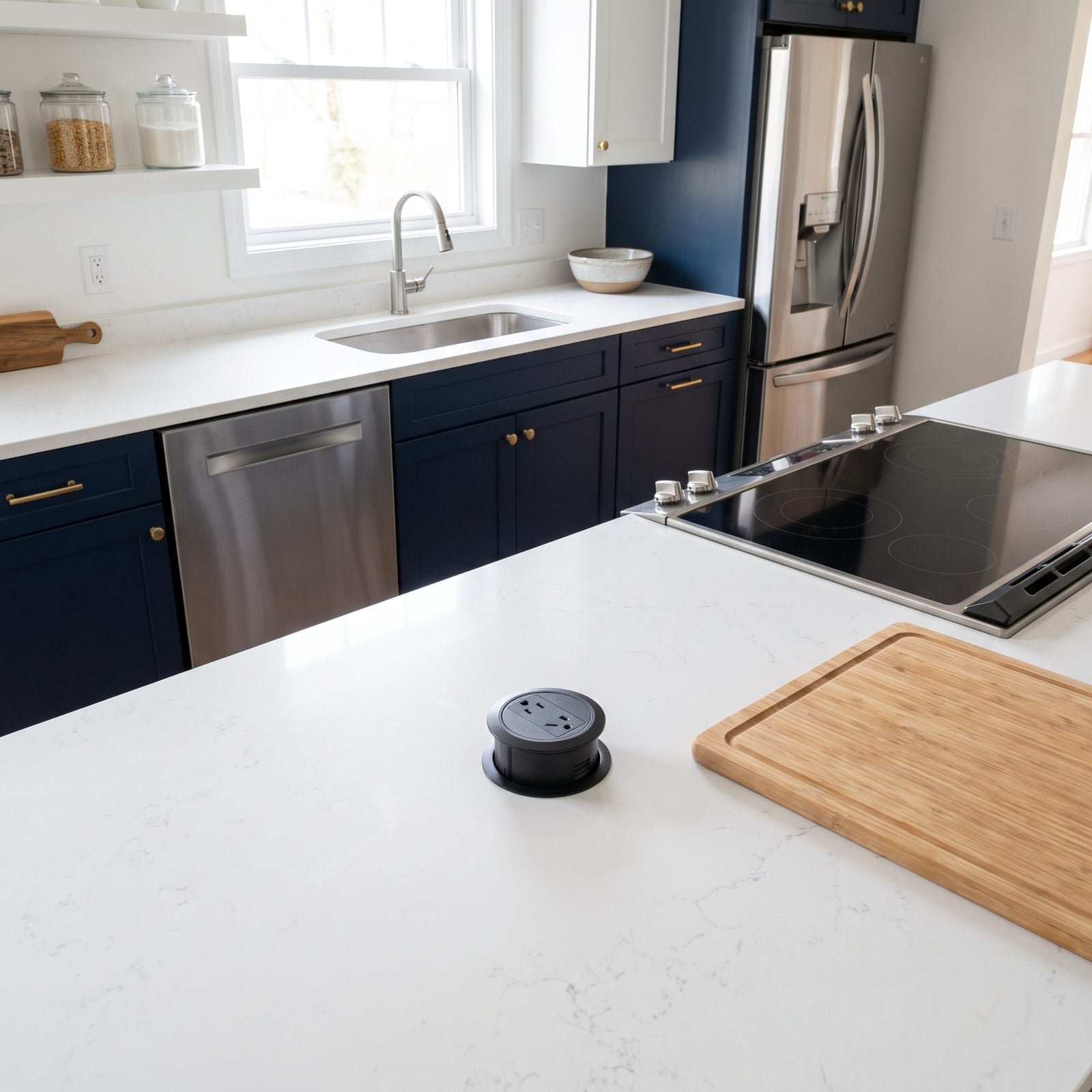 Navy kitchen with a raised round pop-up outlet in the middle of the main prep counter.
