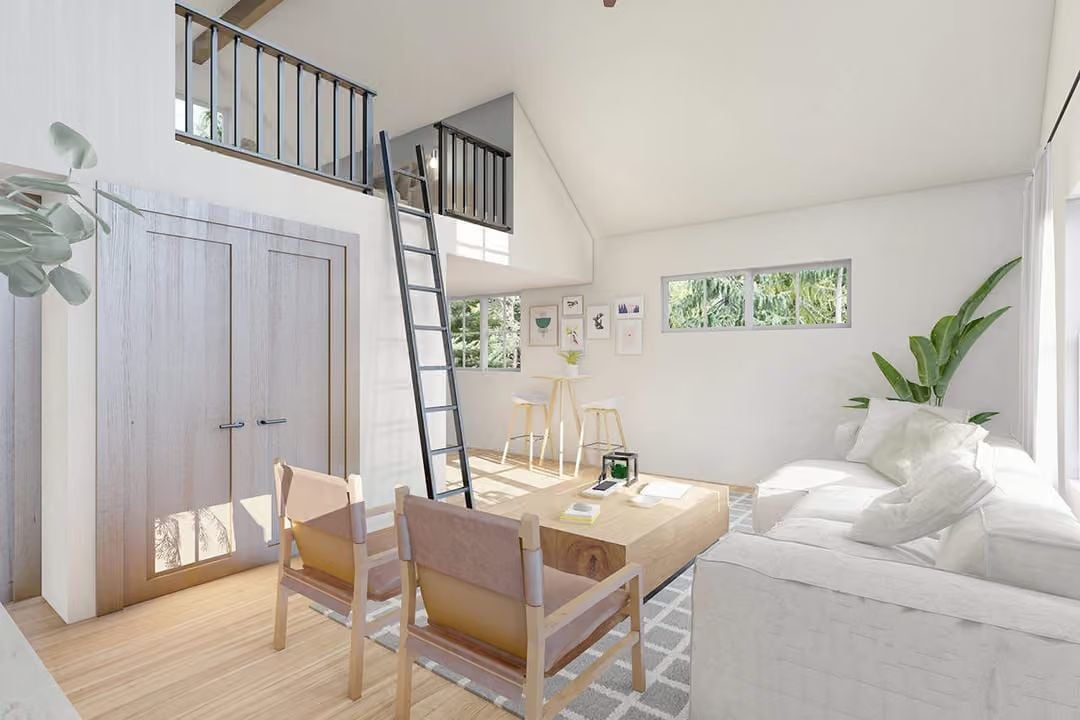 Loft Ladder, Clerestory Windows, and Two Chairs That Mean Business