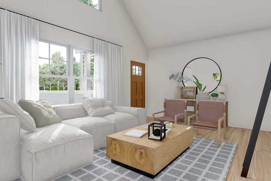 Vaulted Ceilings and a Wood Block Coffee Table Set the Tone Early