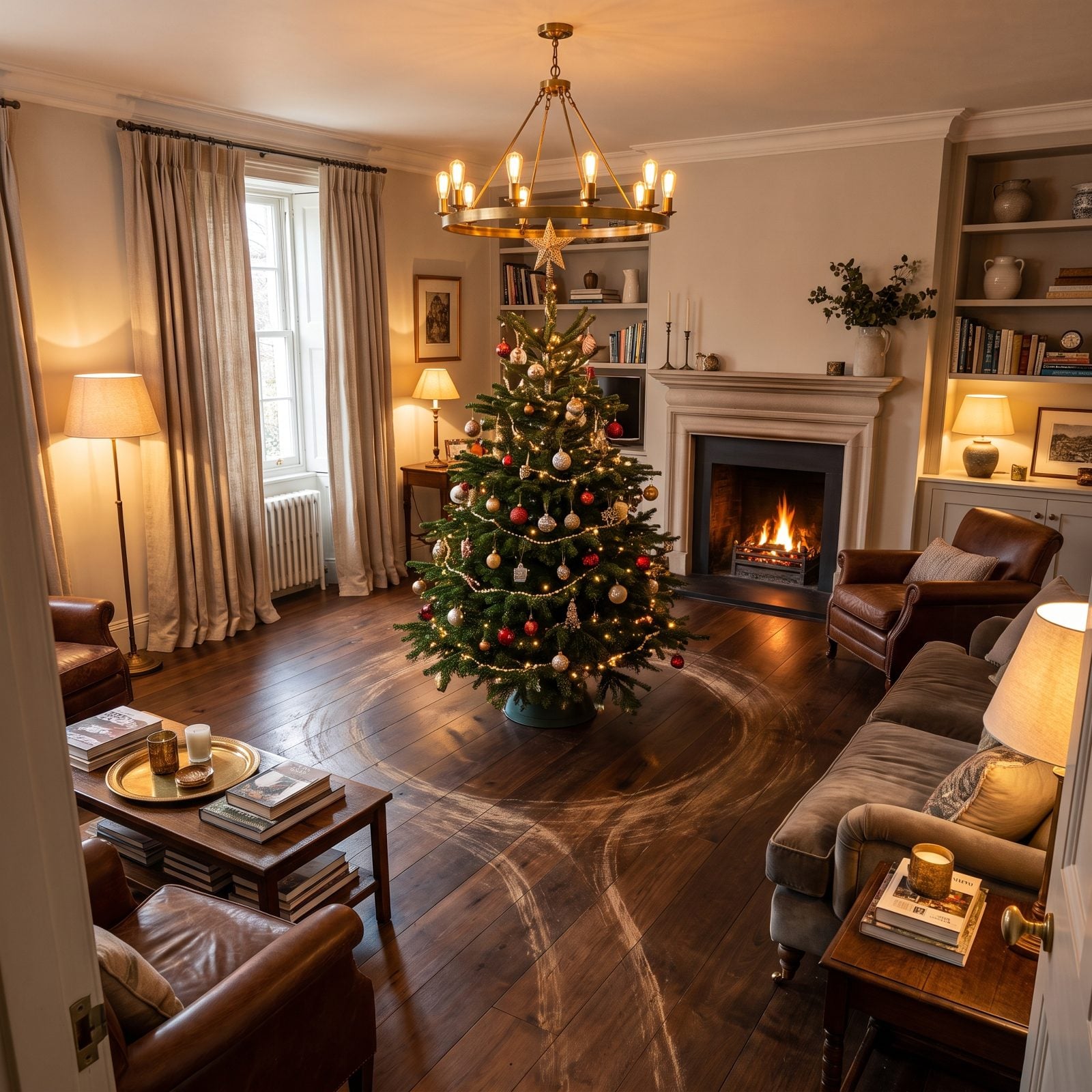 Small square living room with a tall Christmas tree standing near the center, furniture pushed to the walls around it.