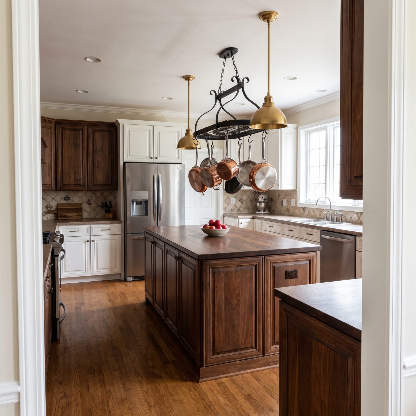 Farmhouse kitchen with a black iron pot rack of copper pans hanging low over a walnut island at head height.