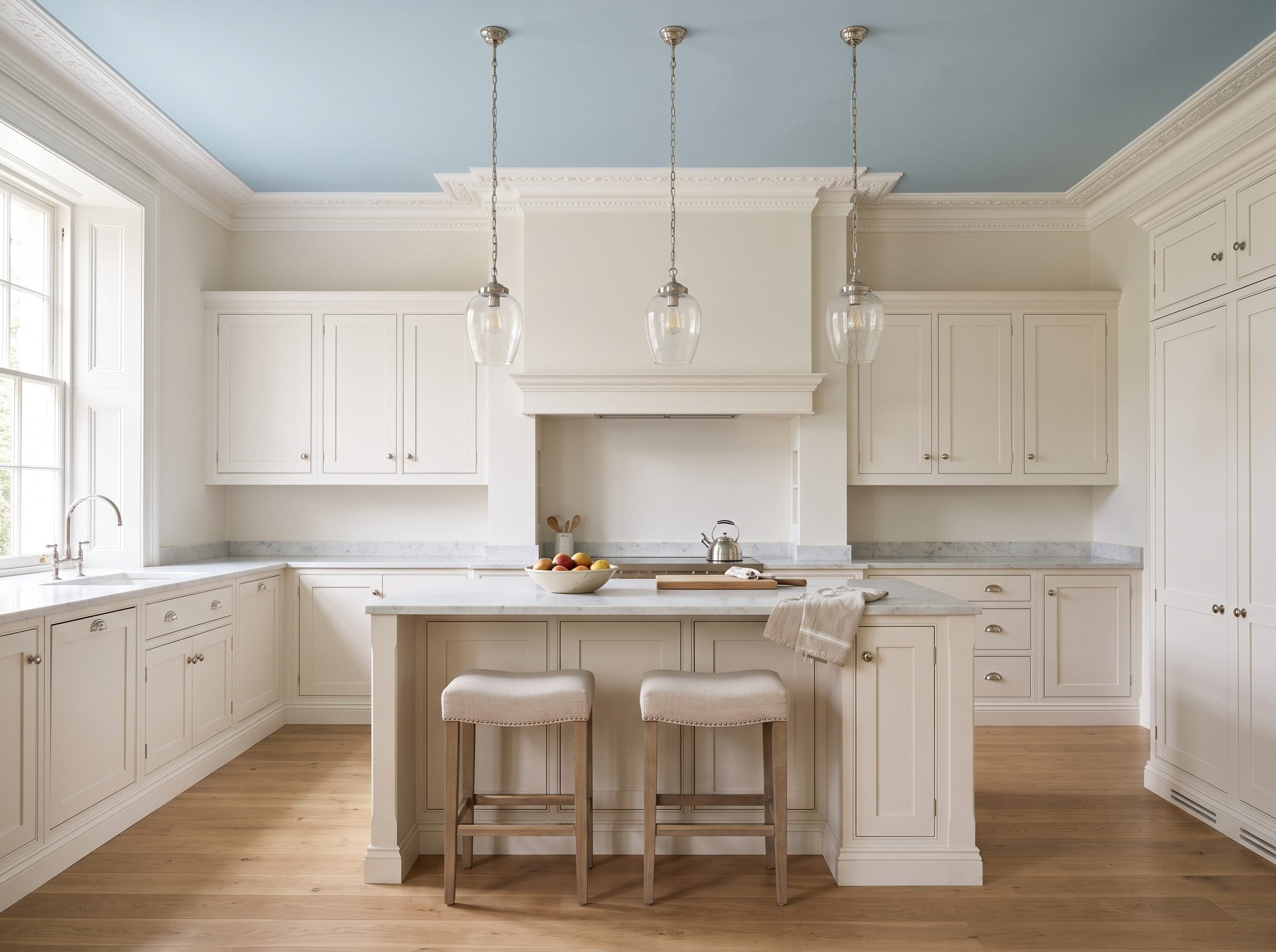Classic white kitchen with a powder-blue flat ceiling framed by white crown molding above the island and counter stools.