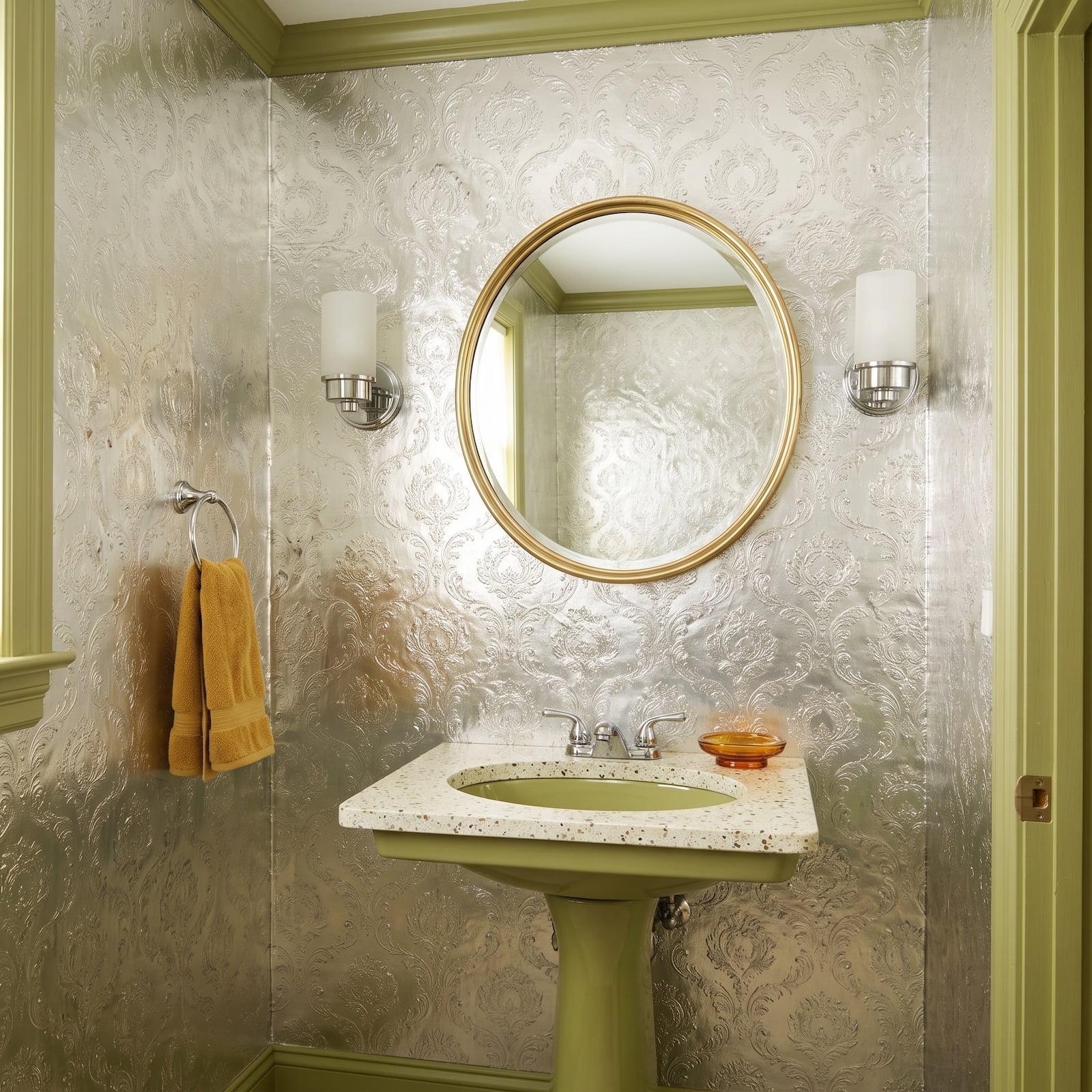 1970s powder room designed in avocado and foil