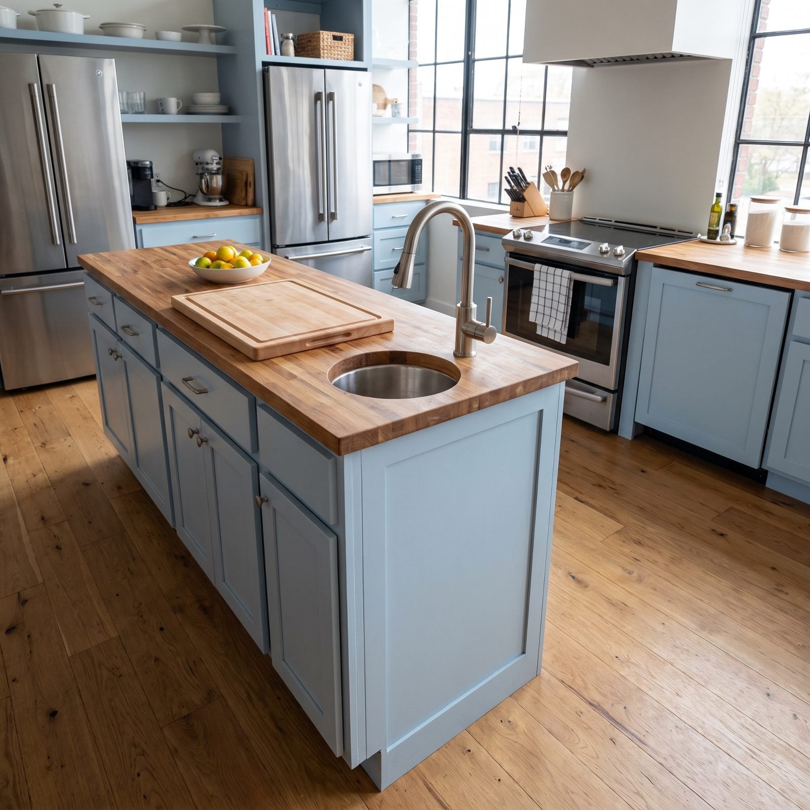 Pale blue kitchen island with a 12-inch round prep sink and a faucet crowding the surrounding counter.