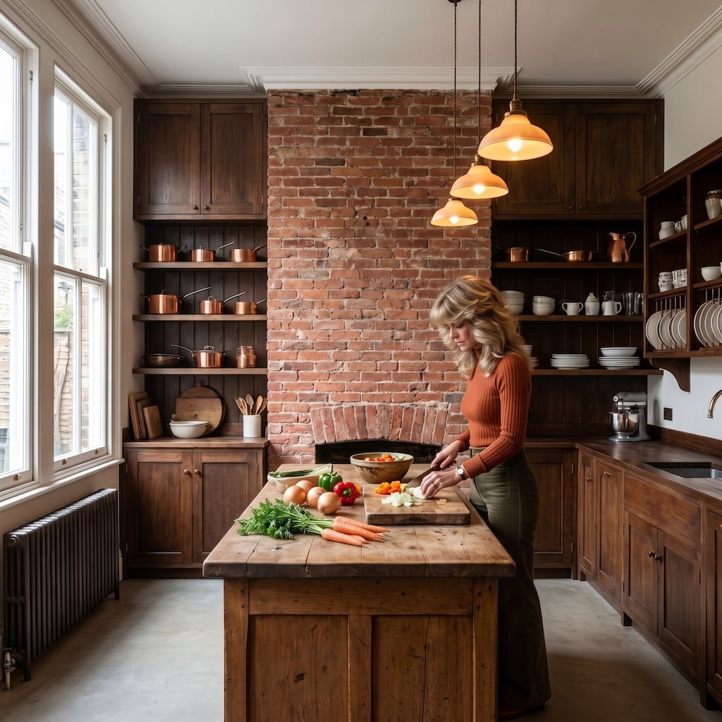 Woman preparing vegetables in a kitchen with an exposed brick wall
