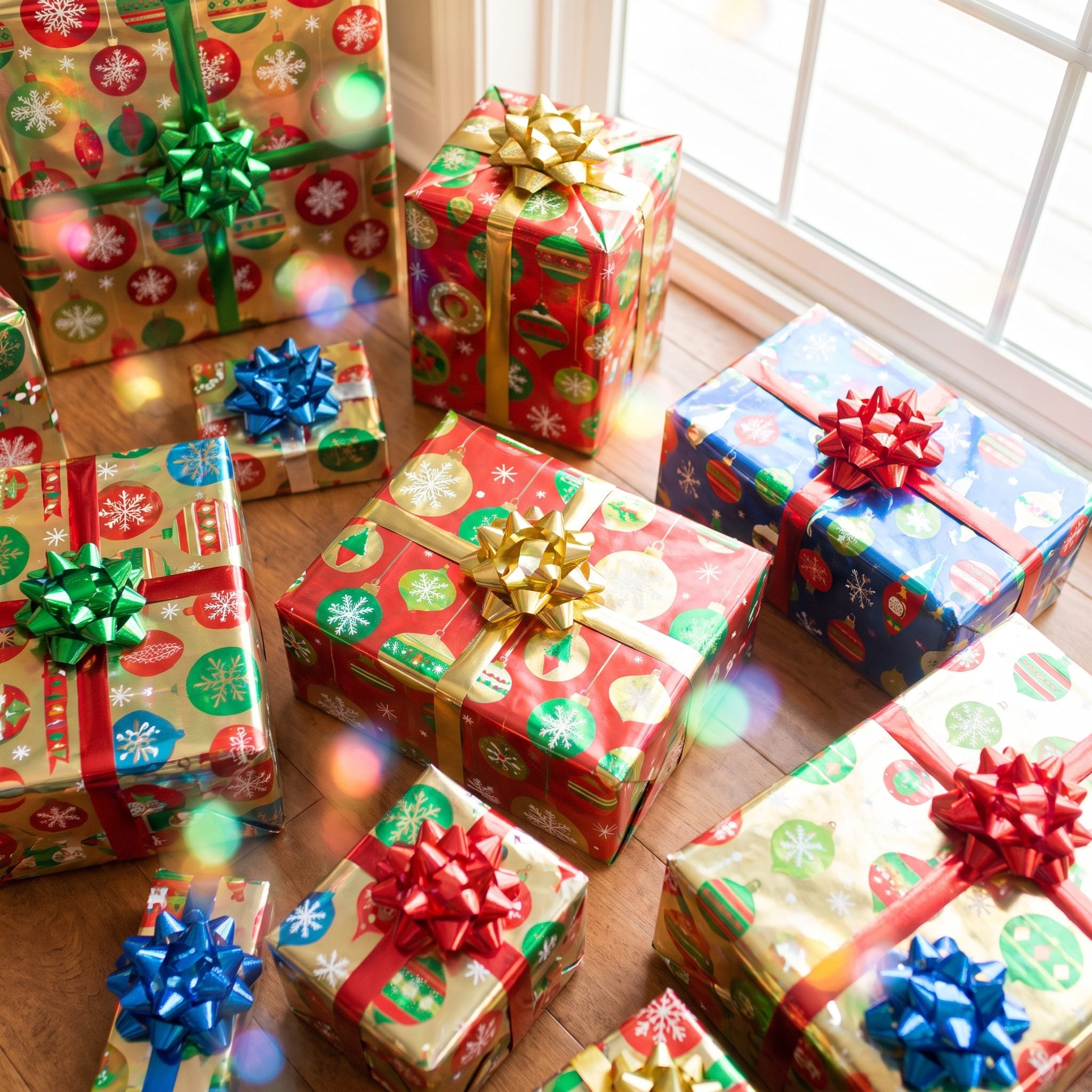 Presents in Bright Paper Finished With a Peel-and-Stick Bow