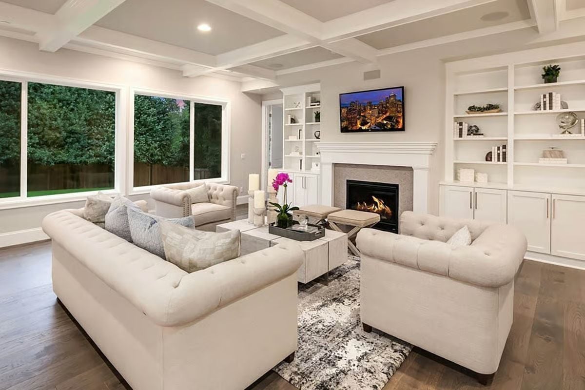 Coffered Ceilings and a Live Fireplace Make Every Night Feel Like a Weekend