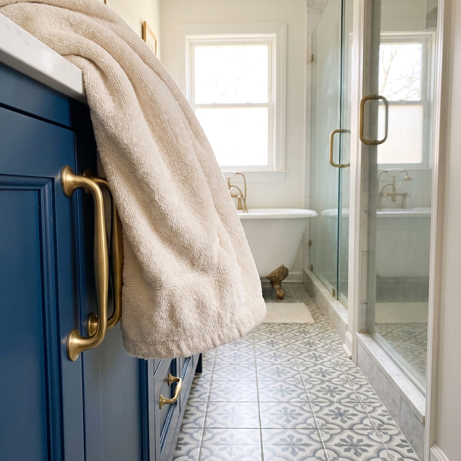 Narrow bathroom aisle where large brass bar pulls project two inches into a 30-inch walkway at hip height.