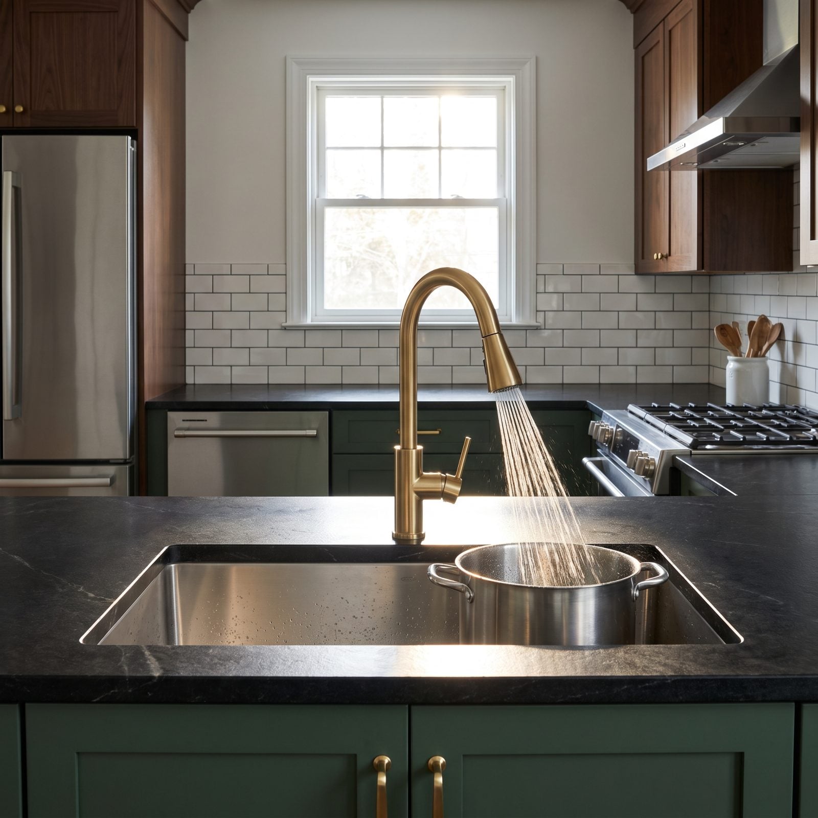 A Pull-Down Faucet Sprayer for Rinsing Large Pots and the Sink