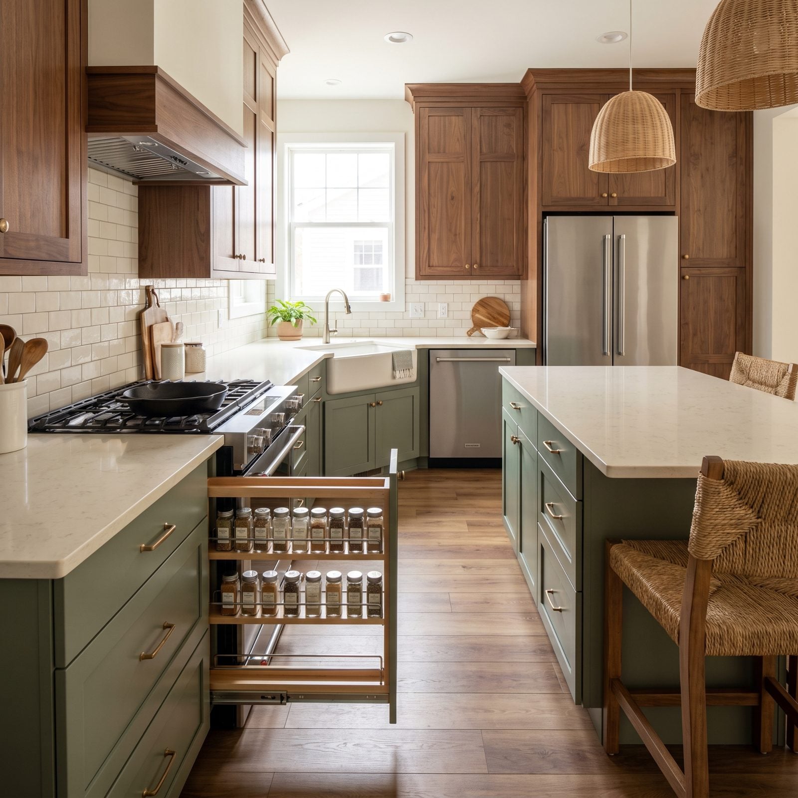 Narrow four-inch pull-out spice rack extended in a walnut kitchen with jars in two tight rows and labels facing sideways.