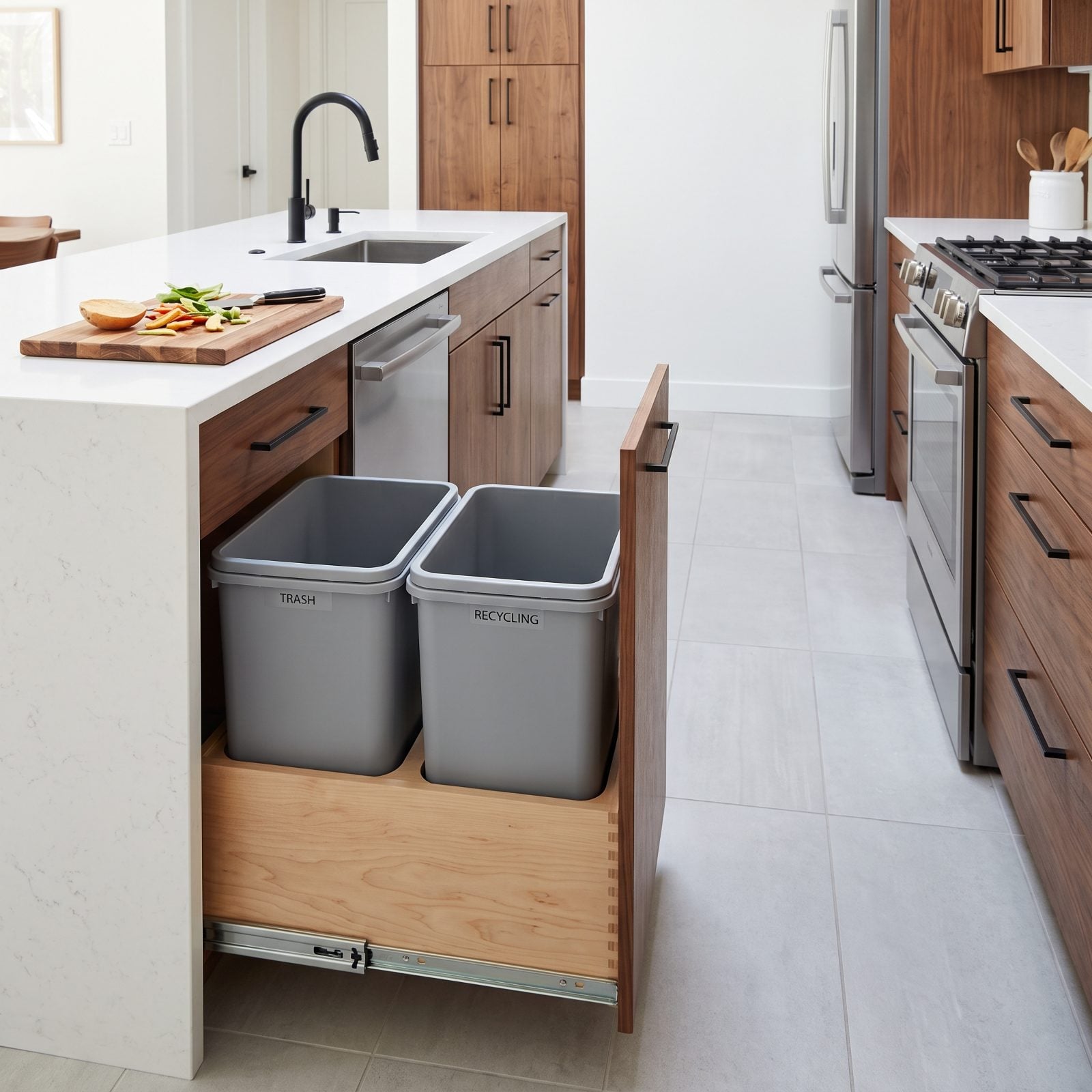Pull-Out Trash and Recycling Beside the Main Prep Area