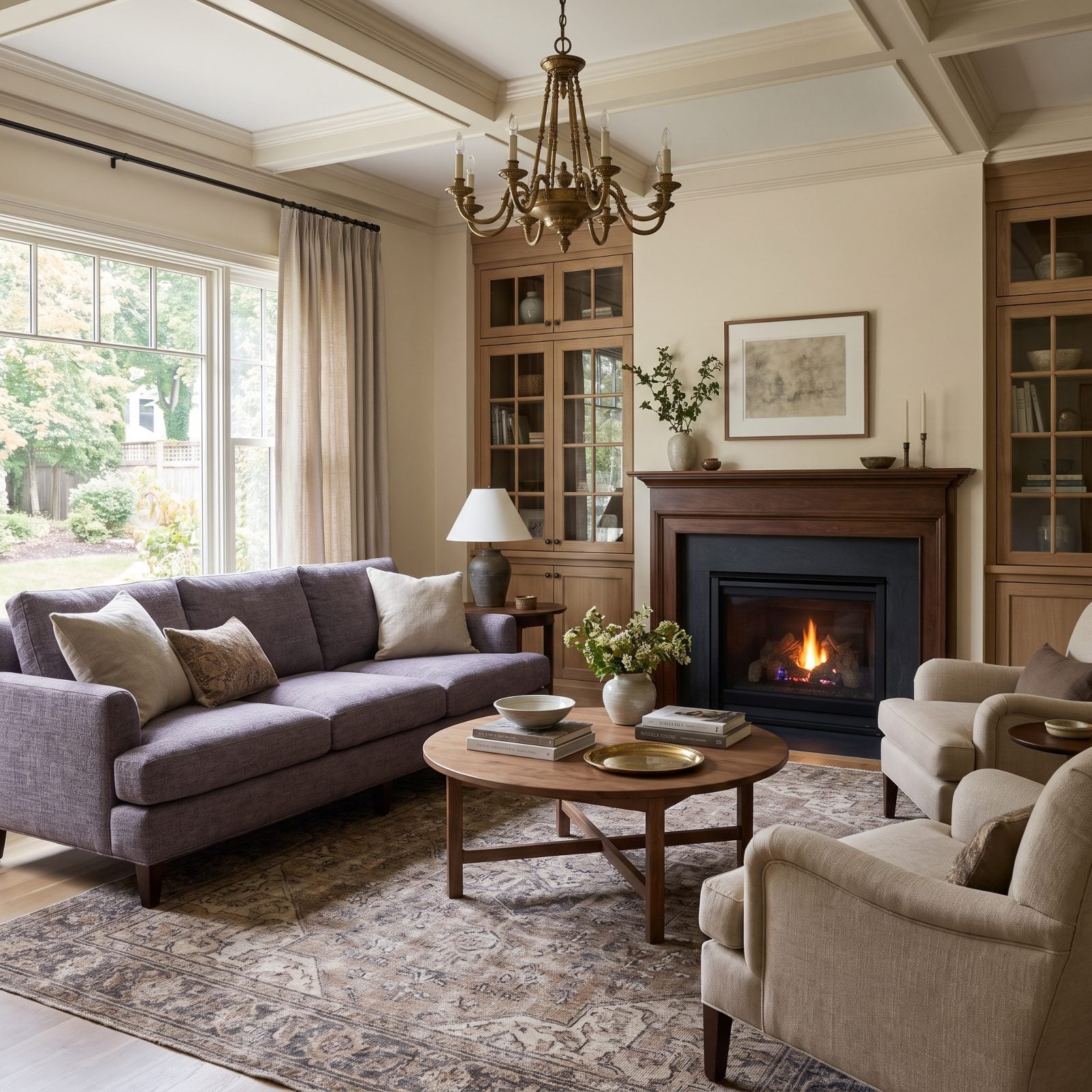 A Purple-Gray Sofa Beside Creamy Beige Walls