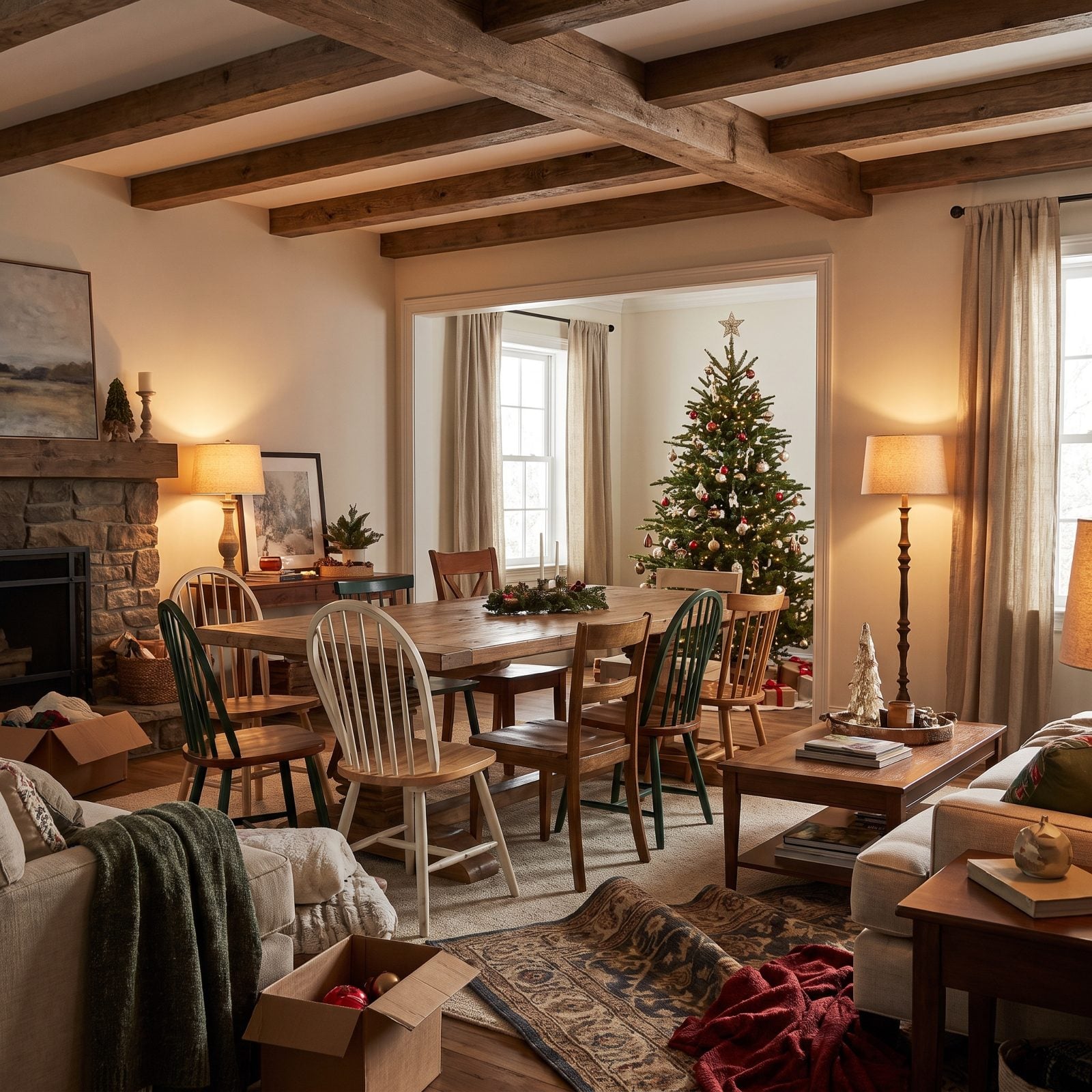 Open-plan room with a round oak dining table pushed into the living area beside a sofa to make space for a Christmas tree.