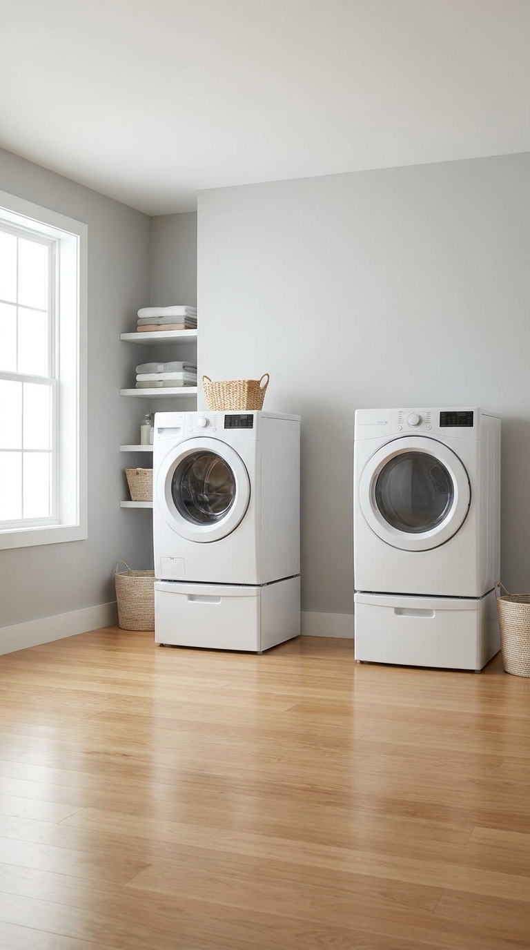 Warm white laundry room where both machines on tall pedestals break the countertop line and leave no continuous folding