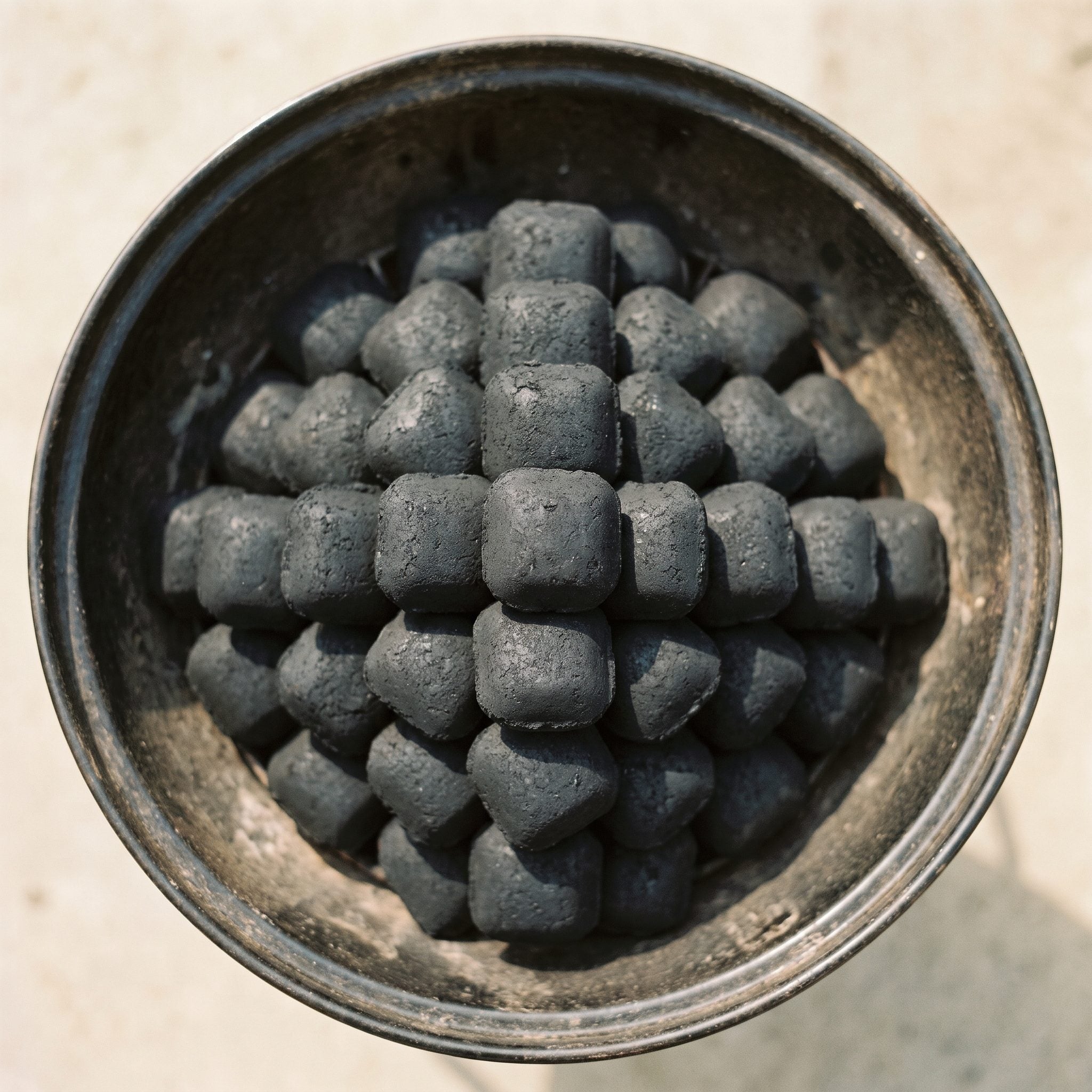 Pyramid of charcoal briquettes turning ash-gray before grilling