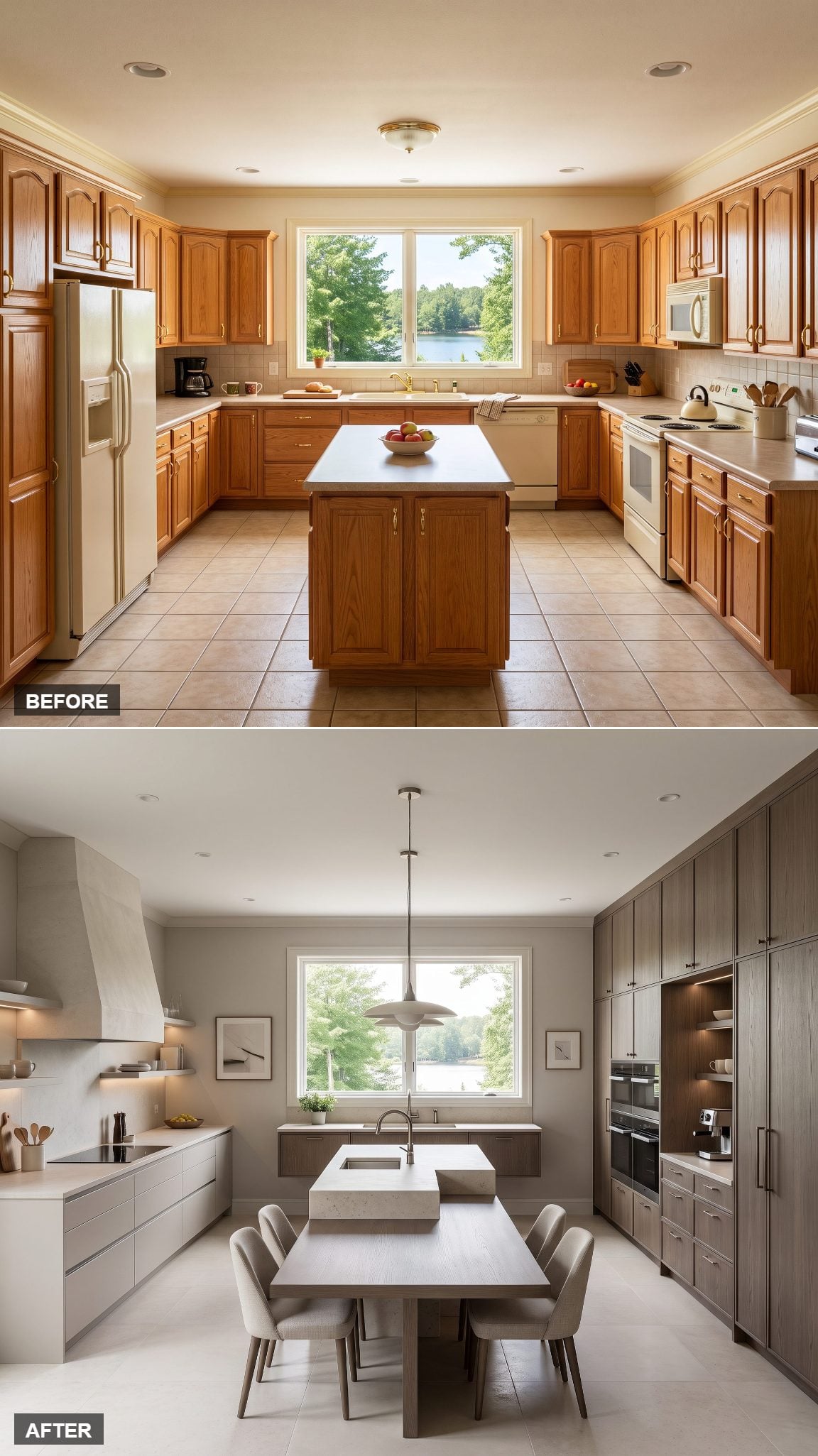 Refined kitchen featuring greige cabinetry, smoked oak accents and an asymmetrical layout