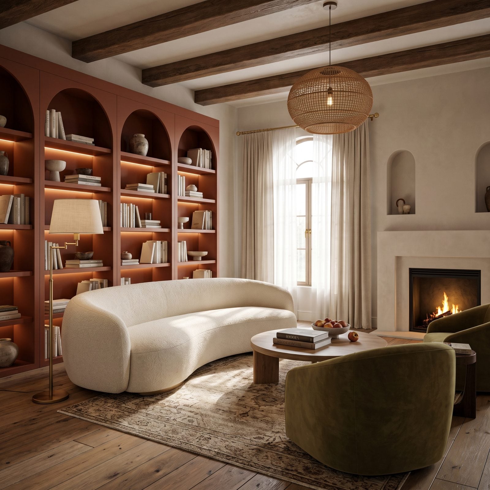 Quiet-Luxury Library with Mediterranean Arched Bookcases