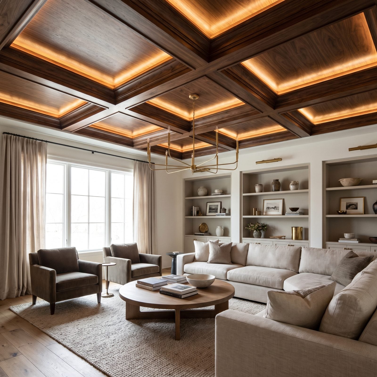 Quiet-Luxury Living Room with a Coffered Wood Ceiling