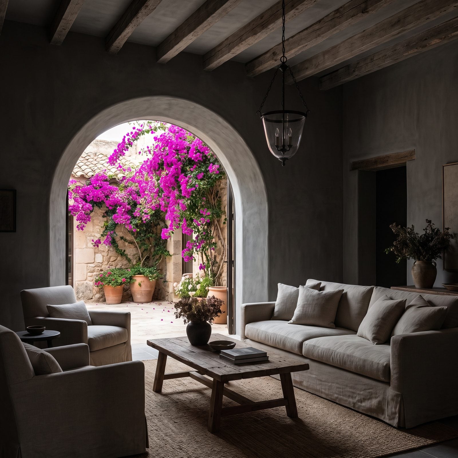 Quiet-Luxury Living Room Opening to a Bougainvillea Courtyard
