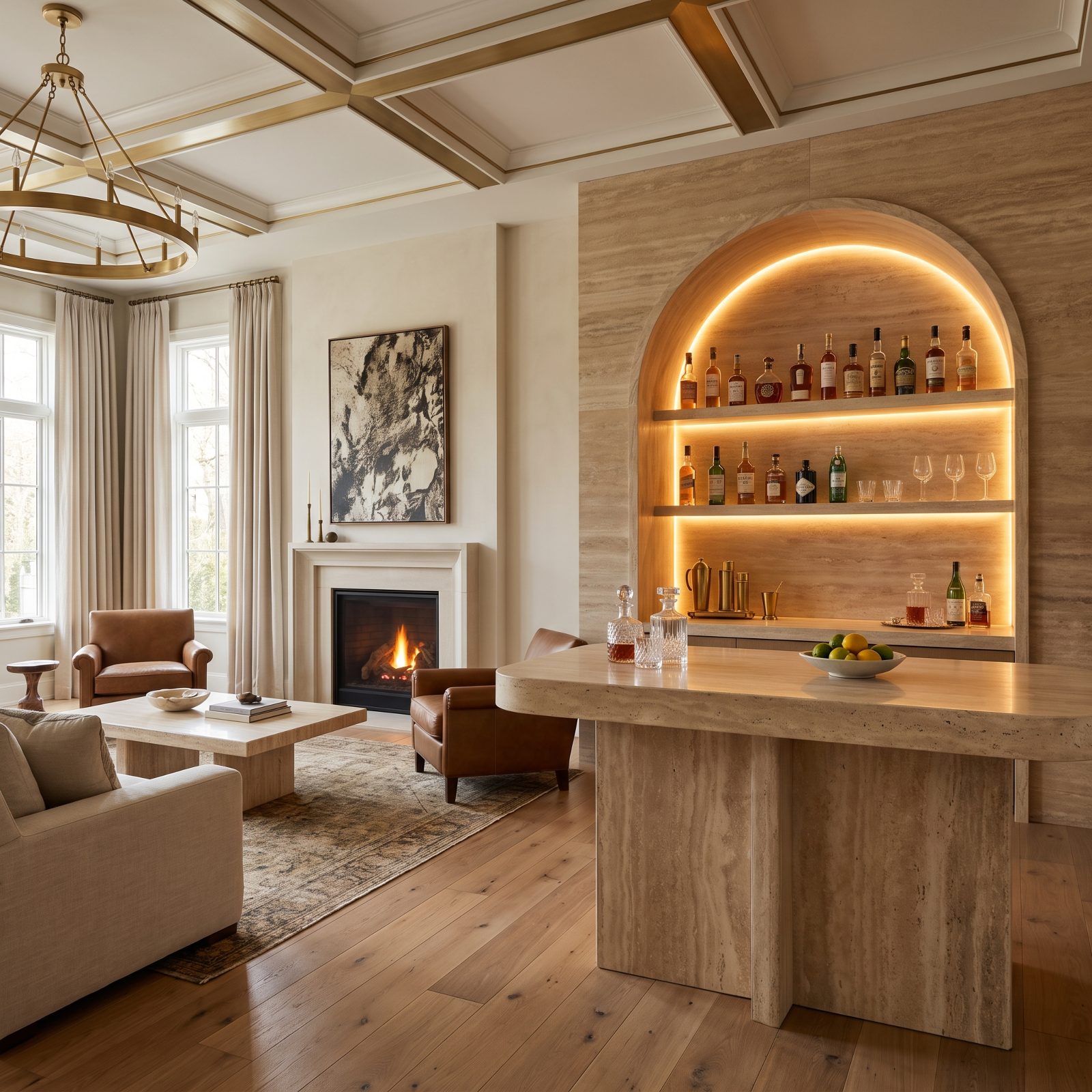 Quiet-Luxury Lounge with a Stone Cocktail-Bar Alcove
