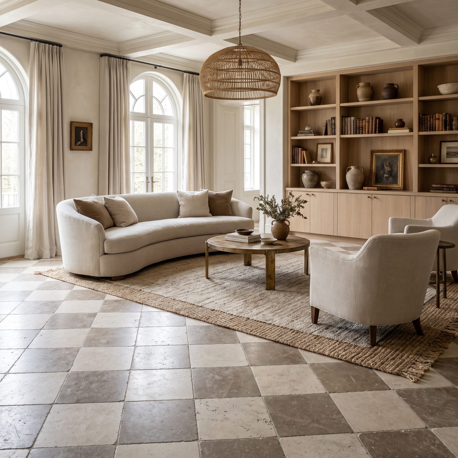 Quiet-Luxury Salon with Mediterranean Checkerboard Stone