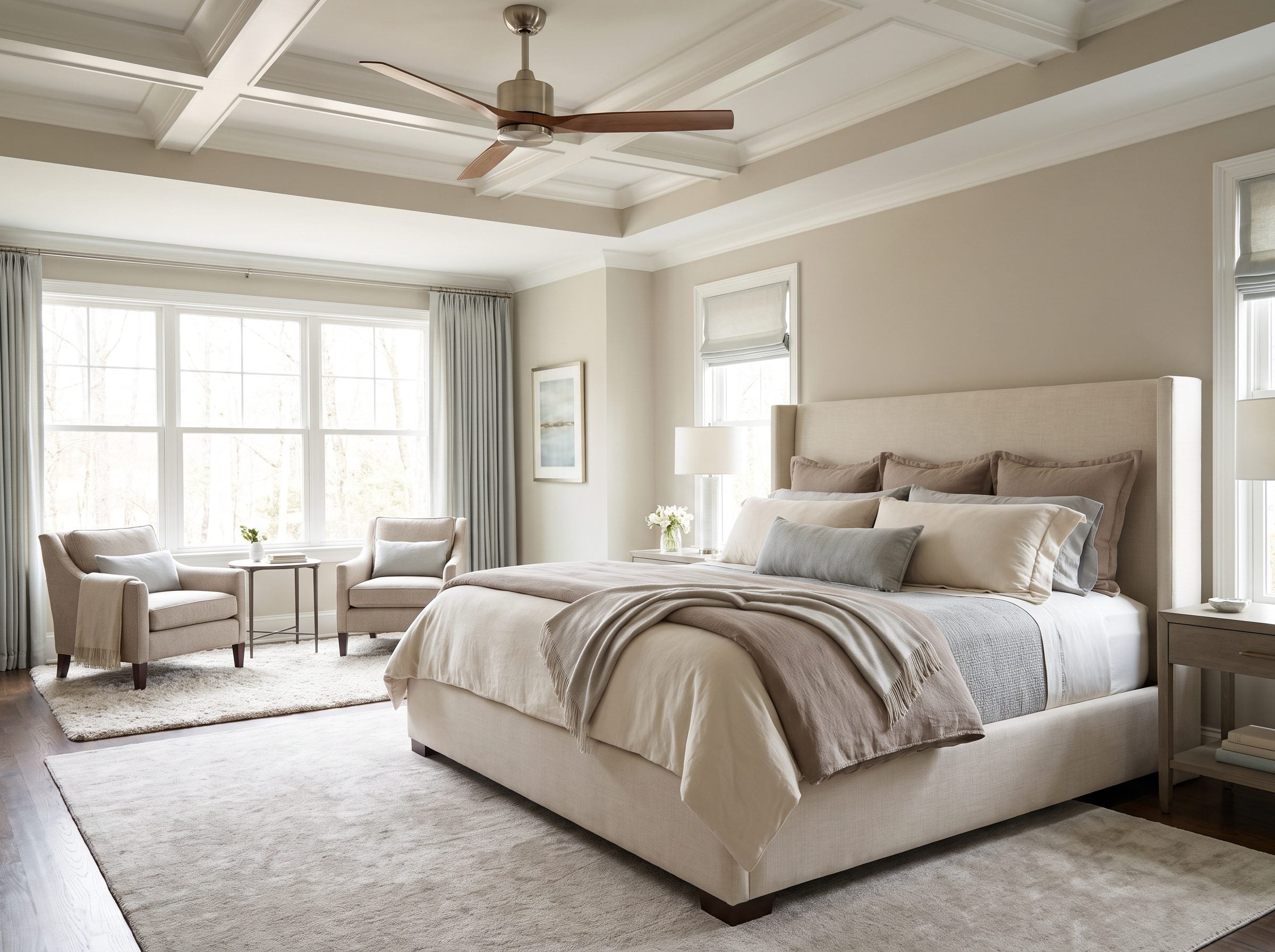 Primary bedroom with a 48-inch aged brass three-blade fan hung eight inches below a nine-foot ceiling, level with a