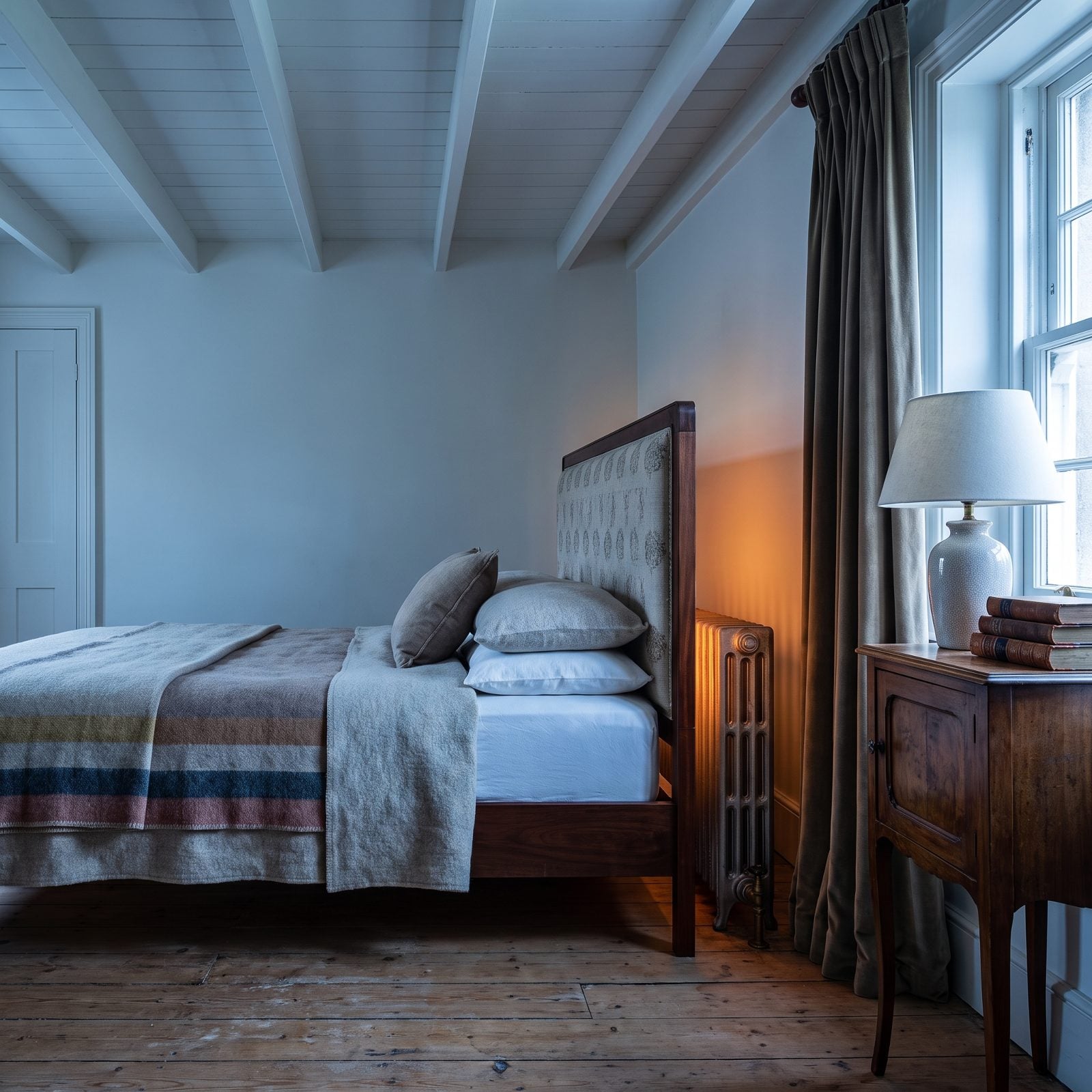 Bedroom with a tall headboard pushed against the wall, covering most of a cast-iron radiator beneath the window.