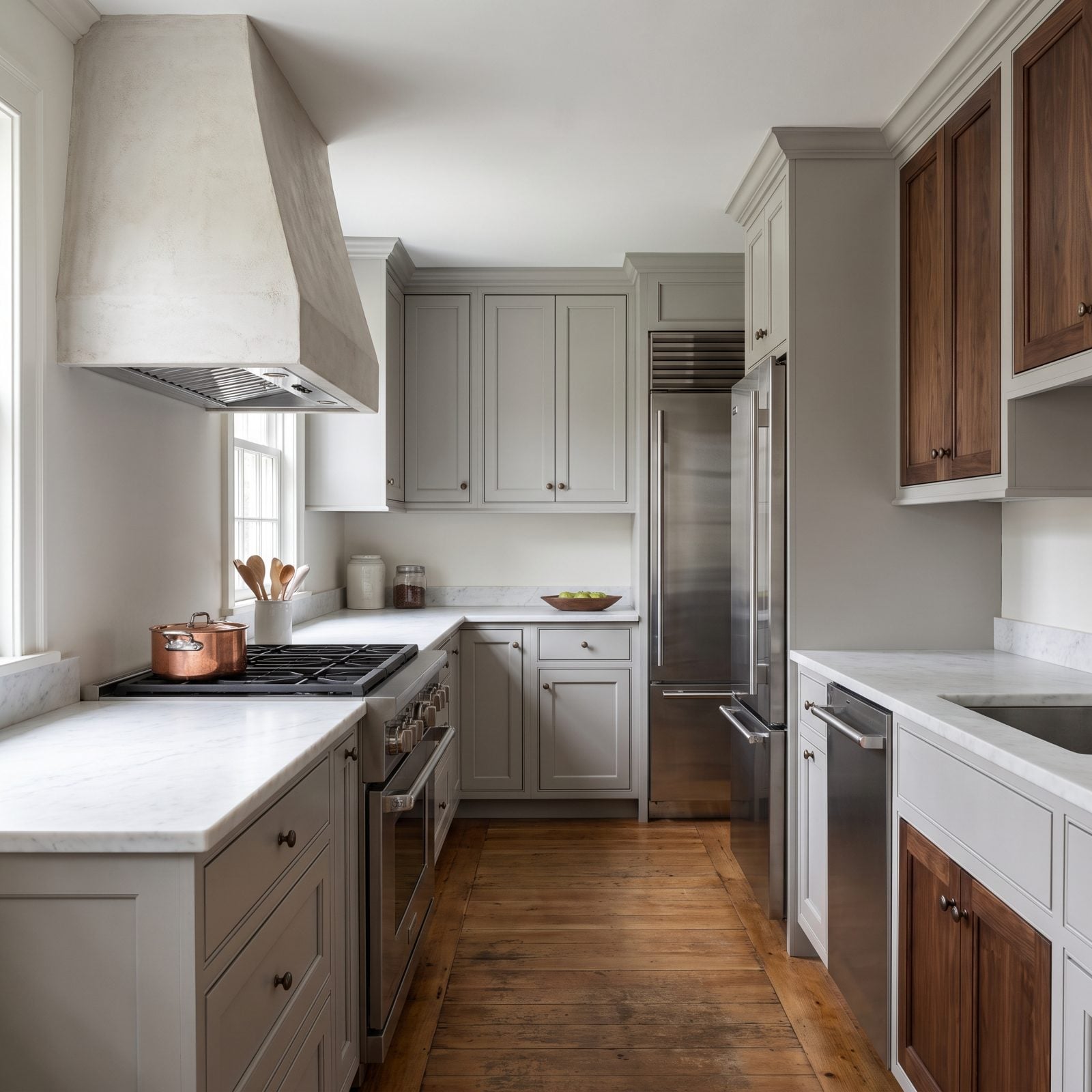 Walnut kitchen with a plaster range hood hanging low over a gas cooktop at forehead height.