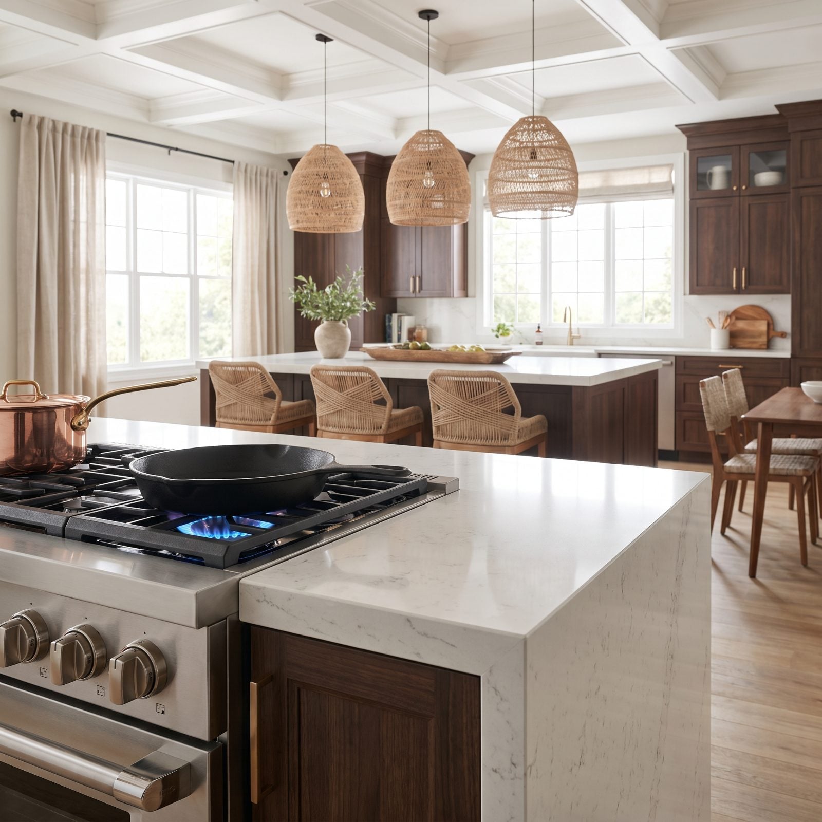 Navy kitchen with a range set about 12 inches from the waterfall island's stone corner.
