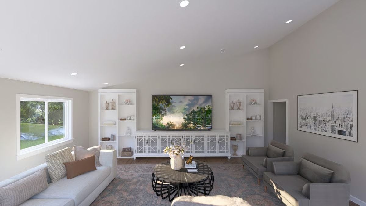Built-In Shelves, Warm Neutrals, and a TV Wall That Actually Pulls Its Weight