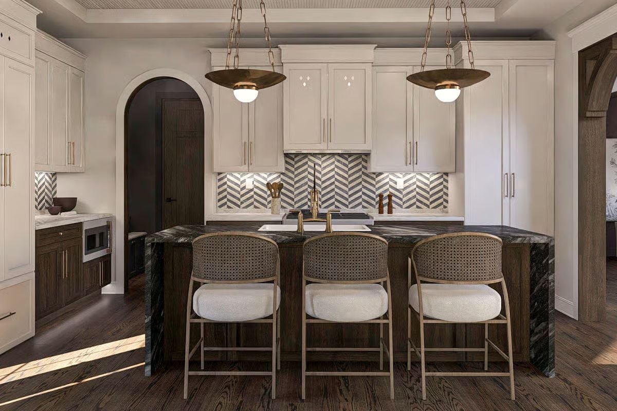 Chevron Backsplash, Dark Marble, and Brass That Earned Its Place