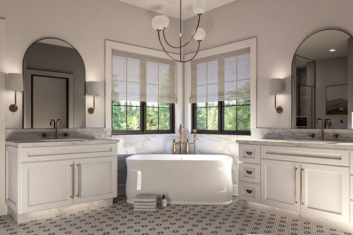 Marble Surround, Arched Mirrors, and a Freestanding Tub That Owns the Center