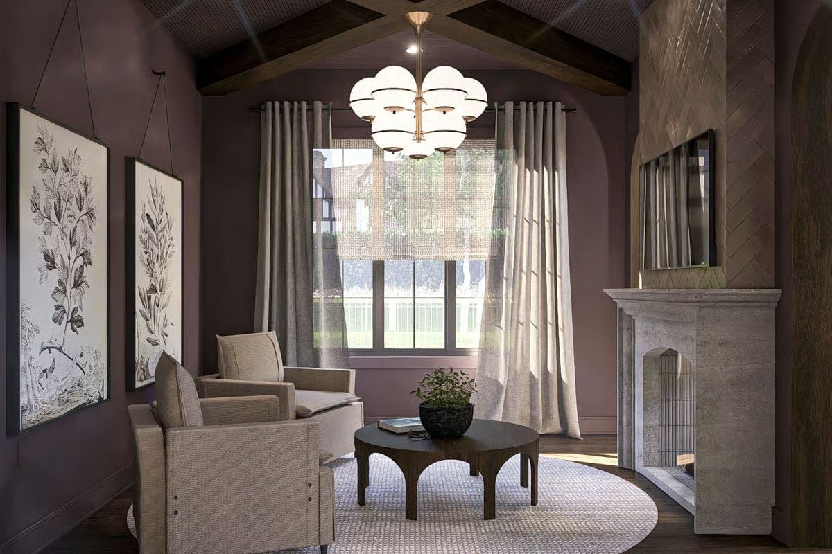 Mauve Walls and Exposed Beams Make a Strong Case for Moody Living Rooms