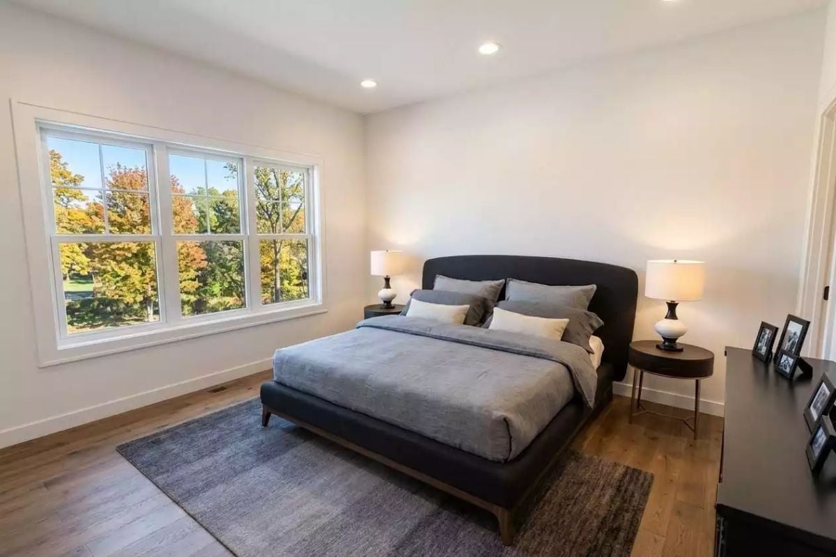 Autumn Light Through Wide Glass and Gray Linen That Doesn't Try Too Hard