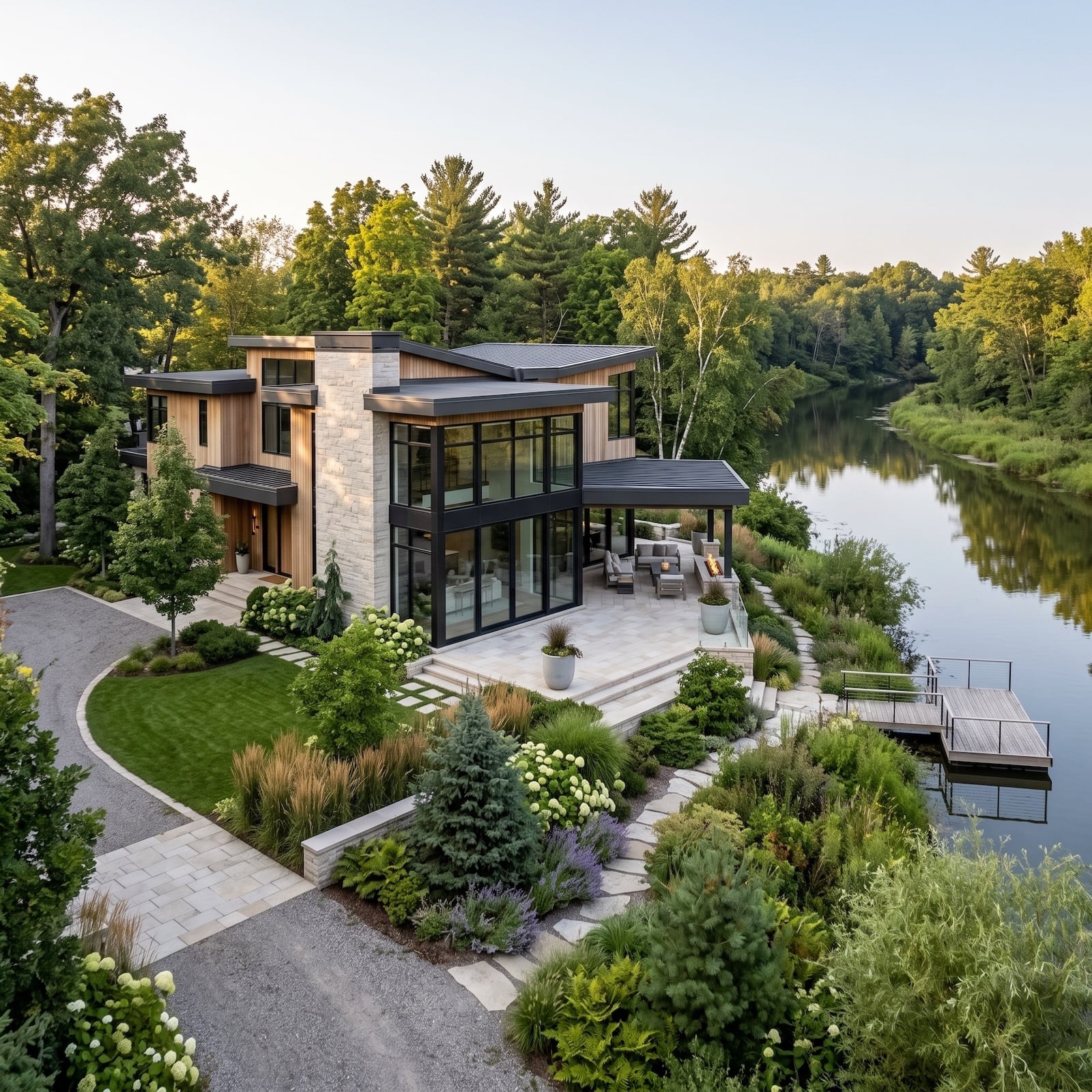 exterior of residential home set beside a river