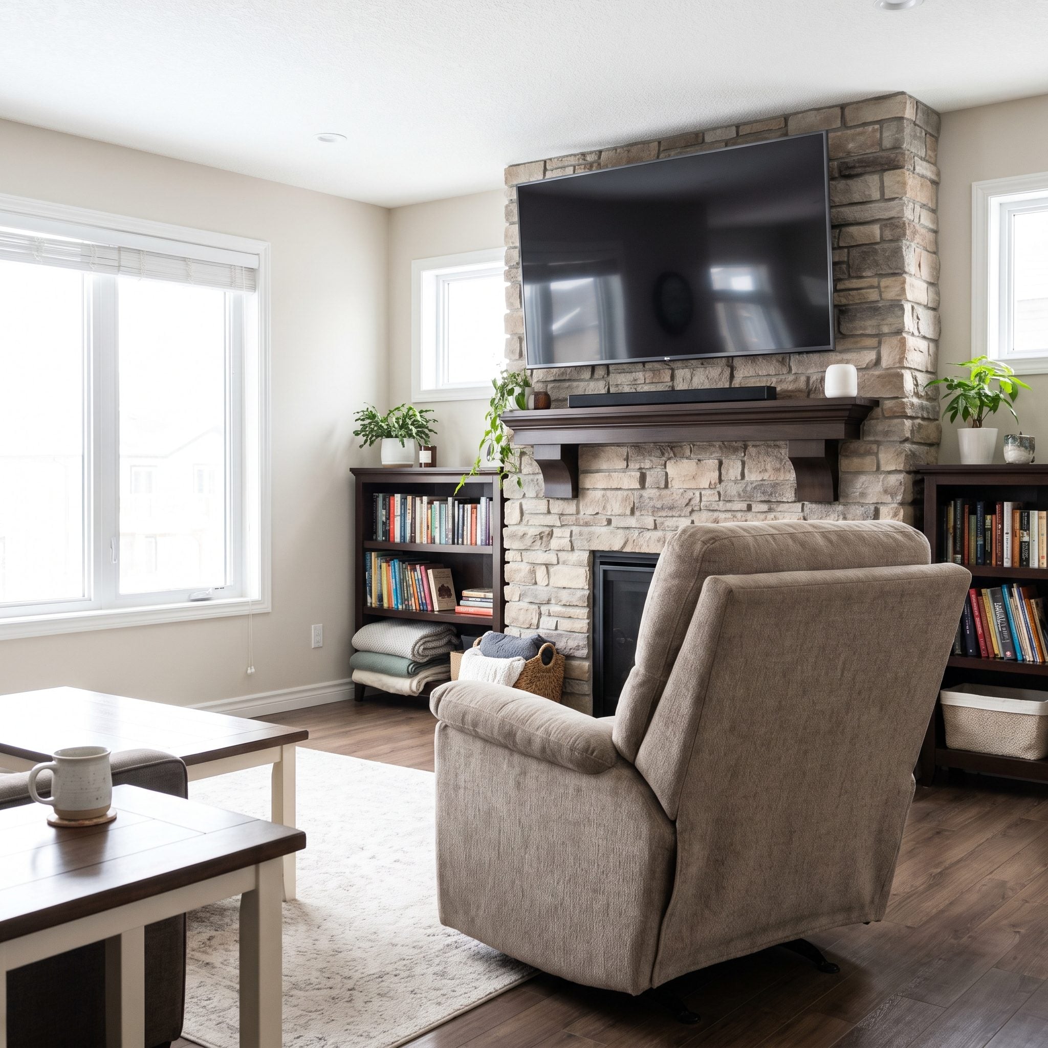 Living room with a reclined leather recliner facing a high-mounted TV while upright seating faces the same screen