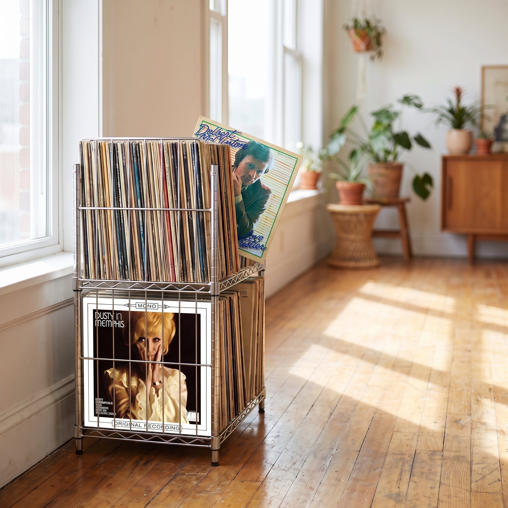 1970s record rack filled with party LPs beside a home stereo