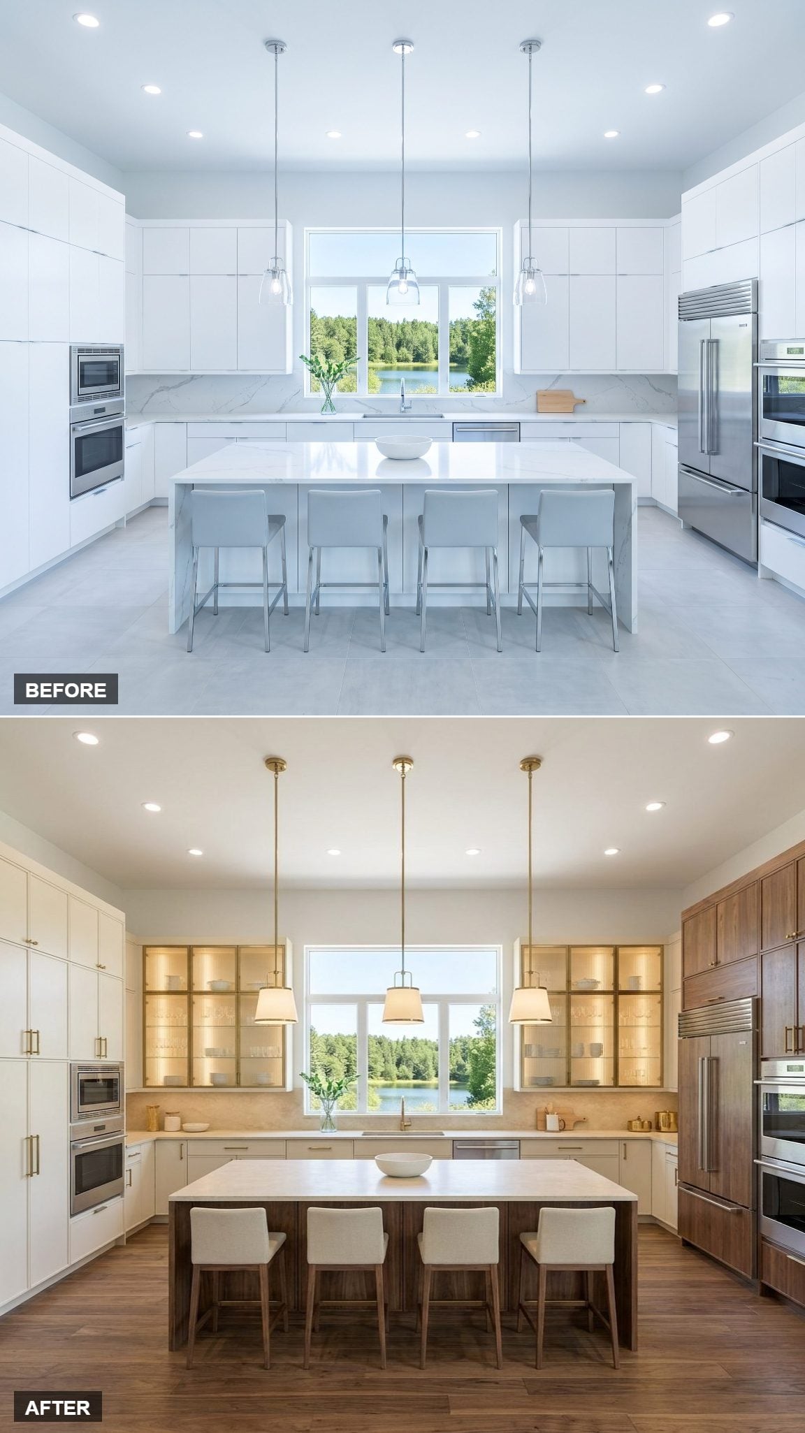 Reeded Glass Cabinet Doors With Walnut Storage and Aged-Brass Pendants