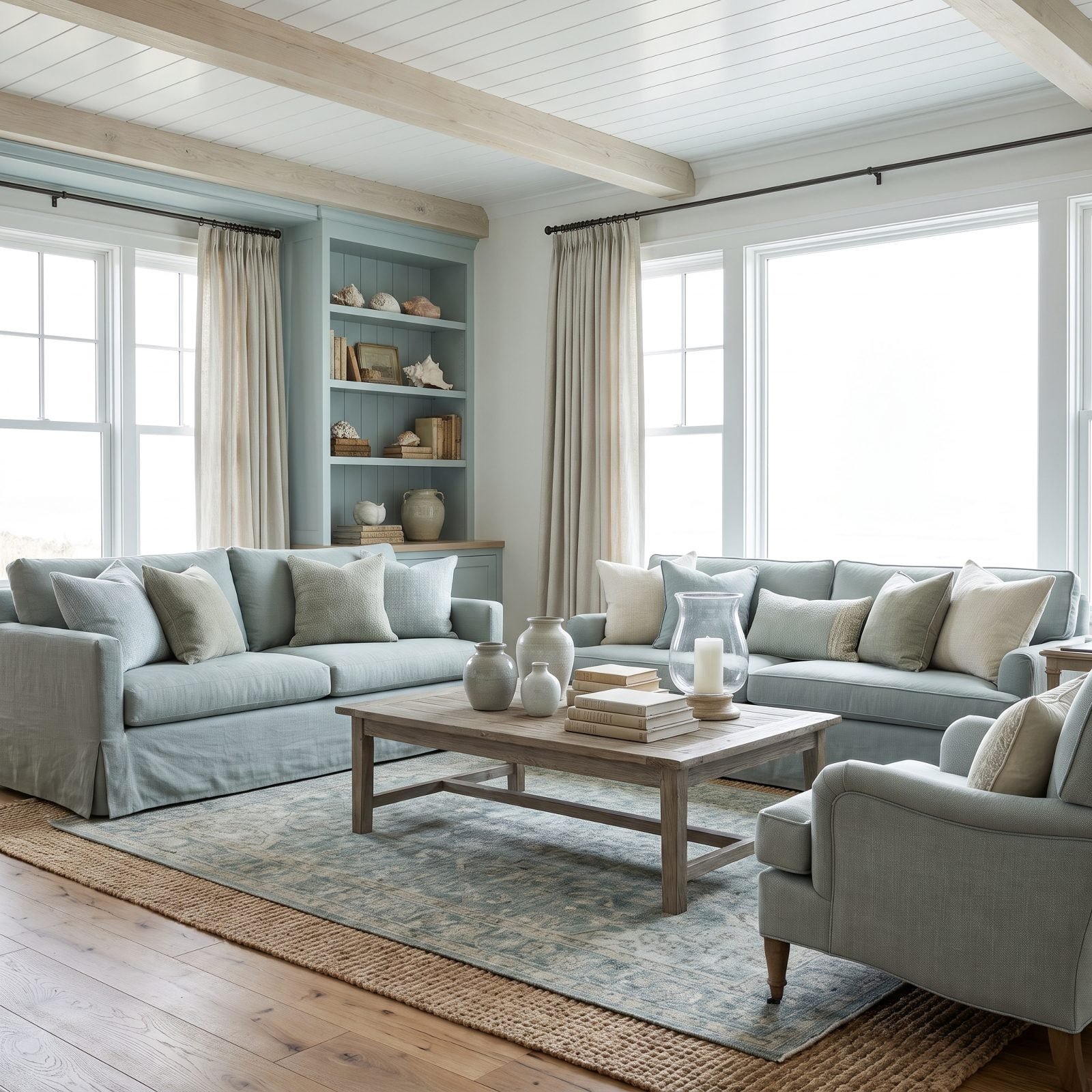 Refined Coastal Living Room with Muted Blue-Green Accents