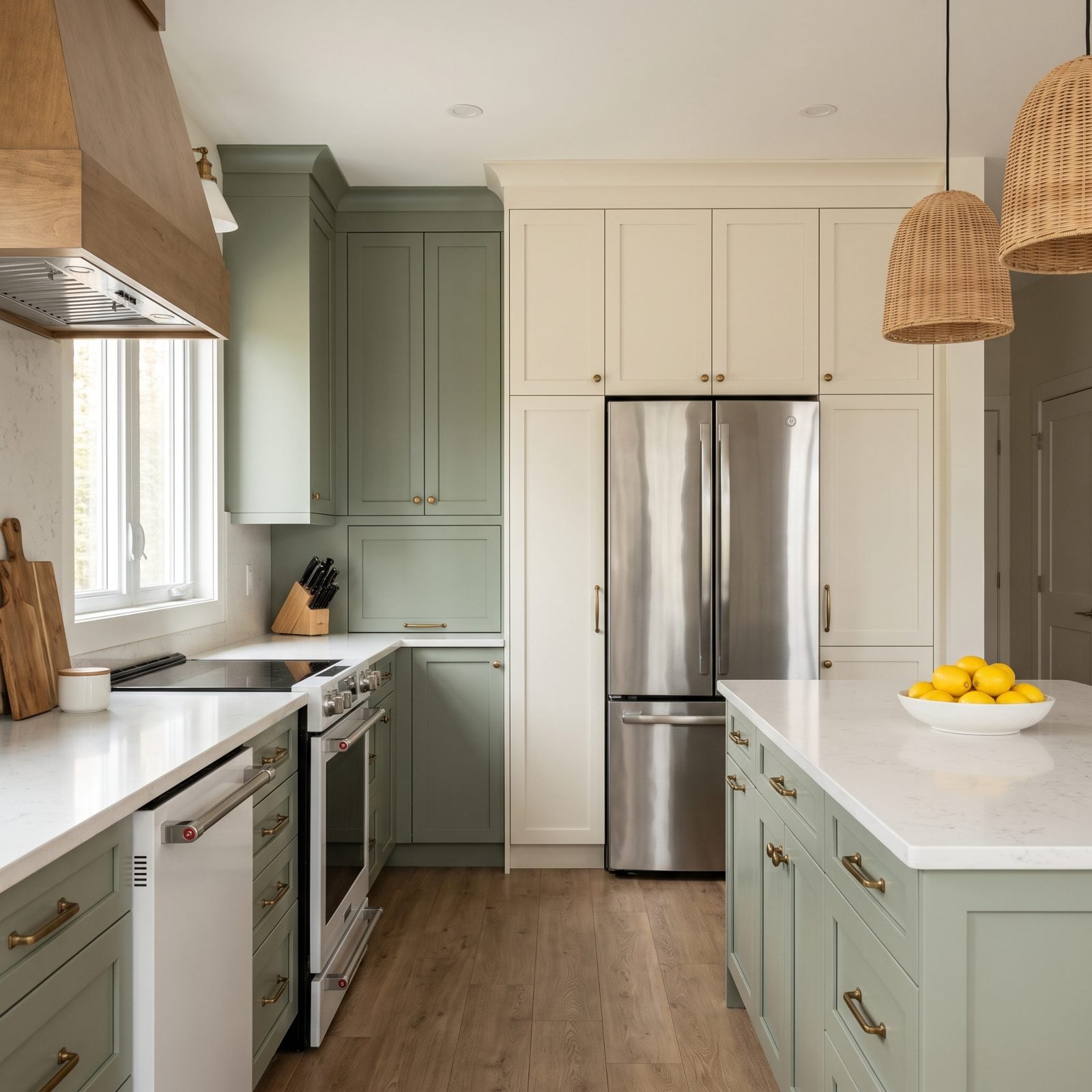 Sage green kitchen with a French-door refrigerator hinged tight against a side wall, door partly blocked.